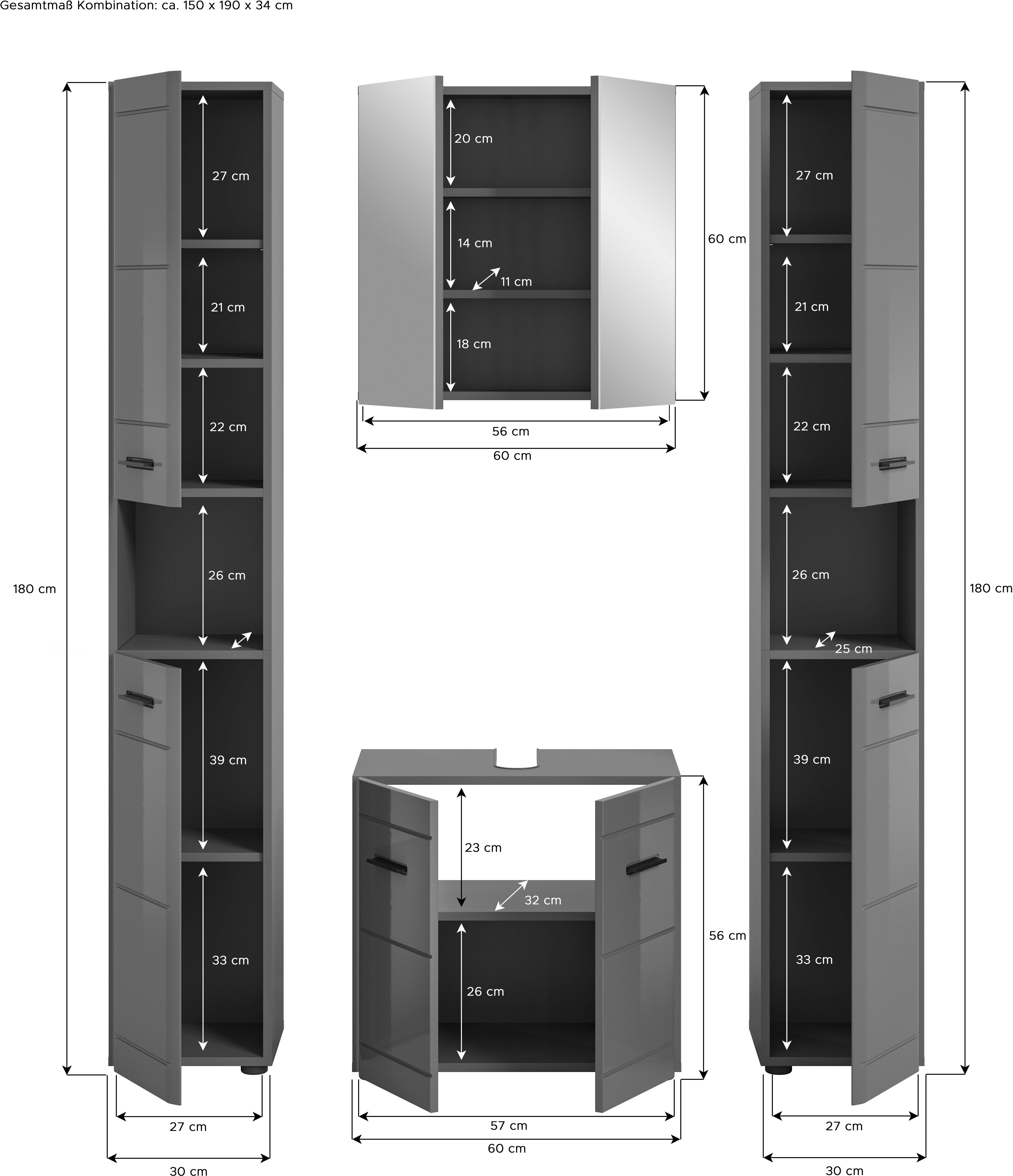 welltime Badmeubelset Doux, bestaande uit: 2x hoge kast, wastafelonderkast Spiegelschrank, hoogwaardige hoogglans MDF front met groeffrasing (4 stuks)