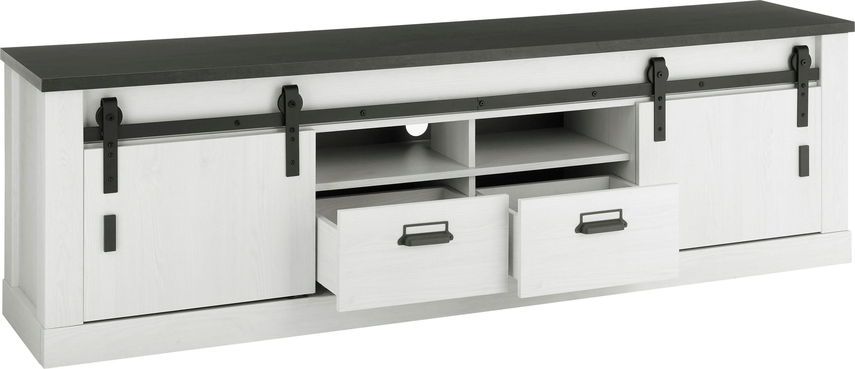 Home affaire Tv-meubel Sherwood modern houtdecor, met schuurdeurbeslag van metaal, breedte 201 cm
