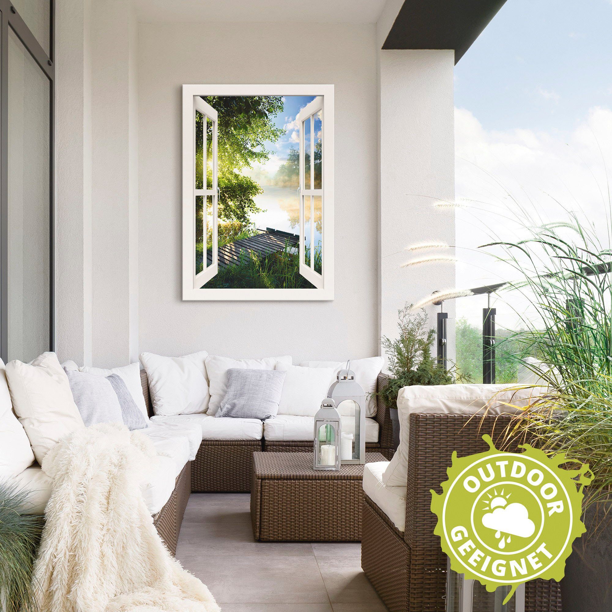 Artland Artprint Blik uit het venster visplek bij de rivier als artprint van aluminium, artprint voor buiten, artprint op linnen, poster, muursticker