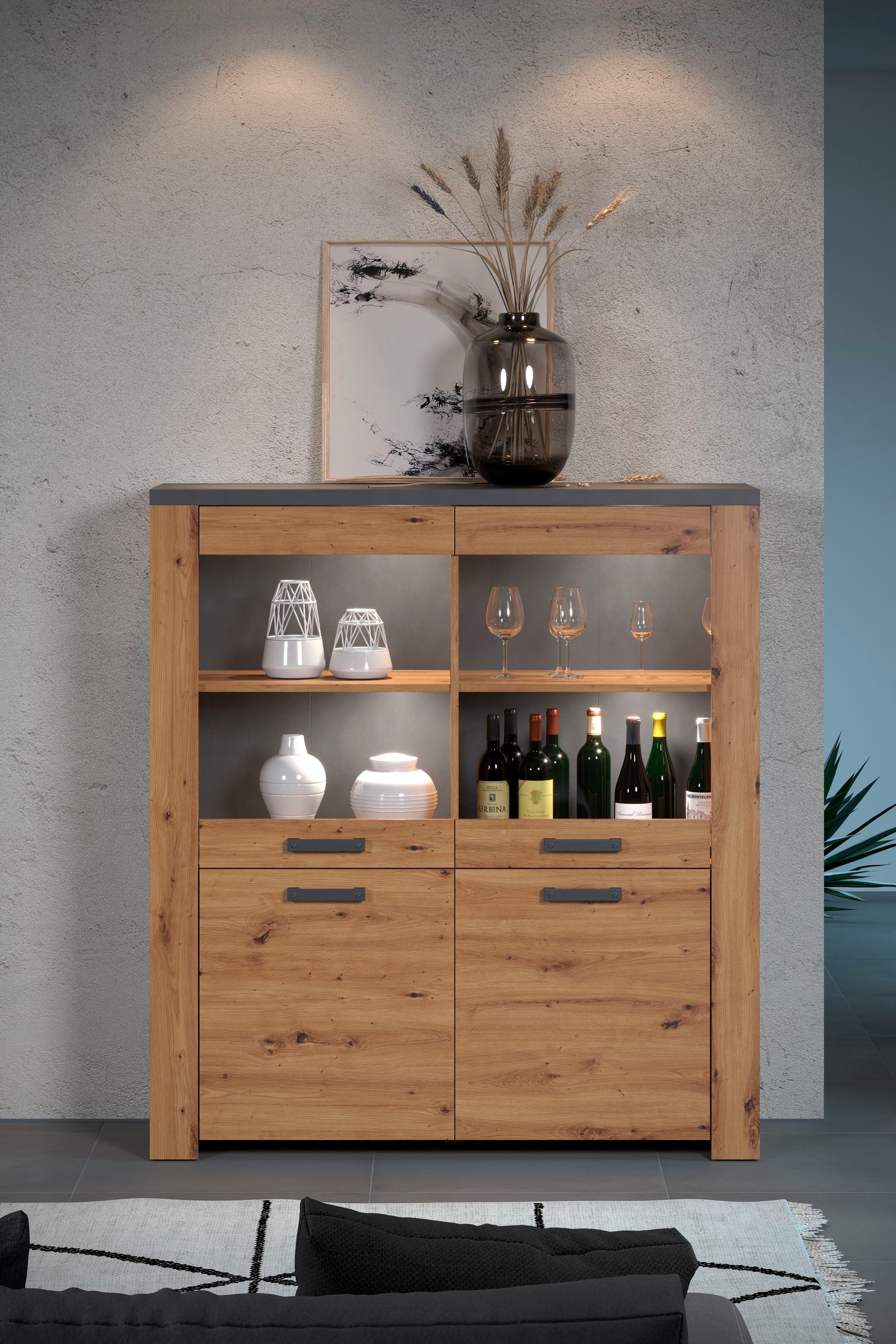 Home affaire Highboard Ambres Vitrine, echt houtlook, ca. Afmetingen BxH: 127x139 cm (1 stuk)