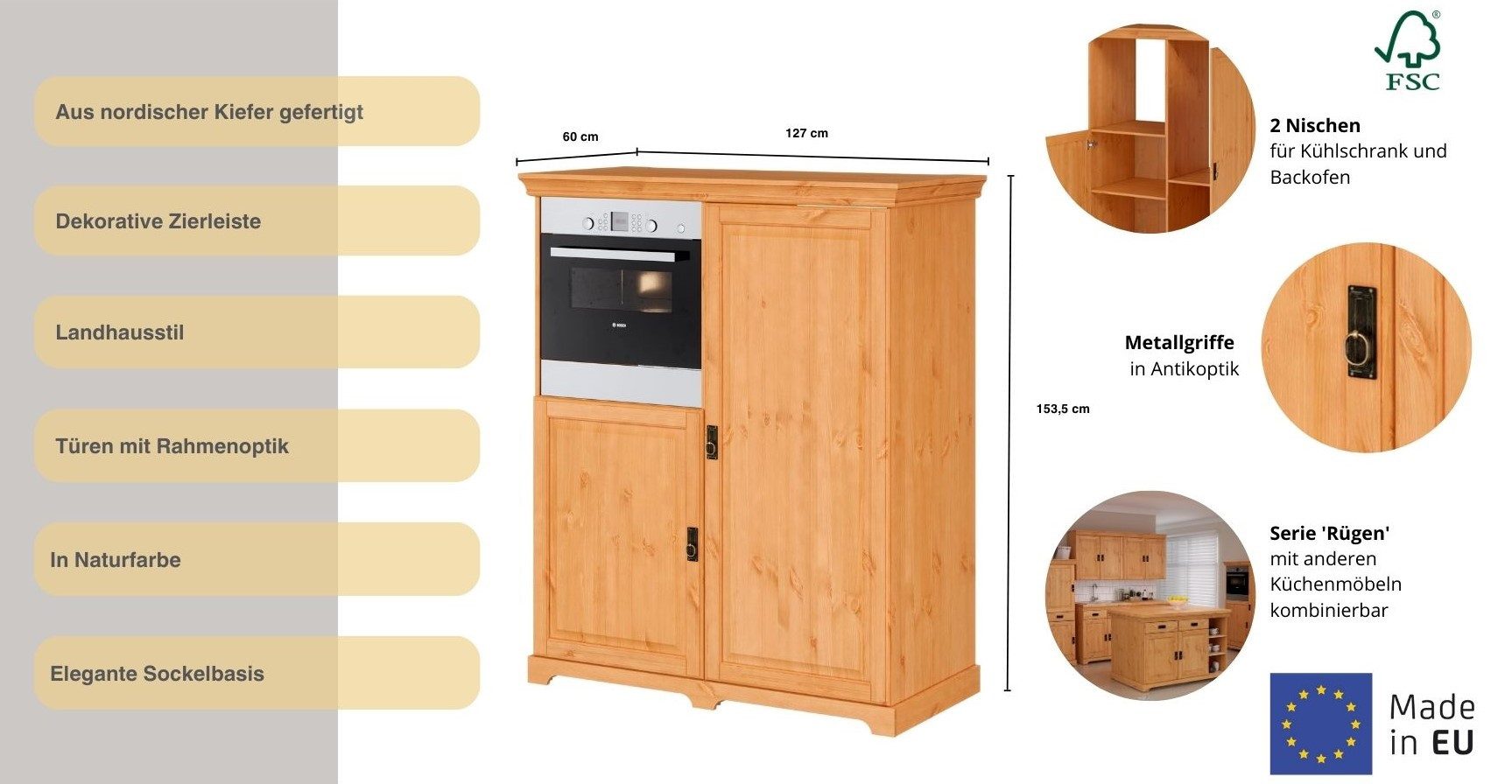Home affaire Oven-/koelkastombouw Rügen Breedte 127 cm, massief grenen, nis voor koelkast