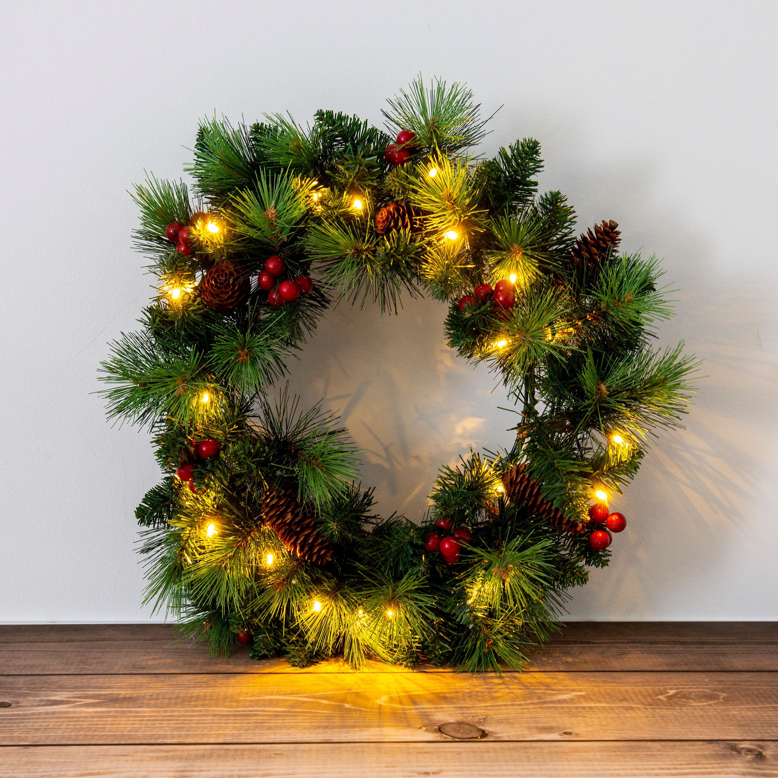 näve Led-lichttak Led-kerstkrans met bessen en dennenappels,35 cm ø, kerstversiering buiten