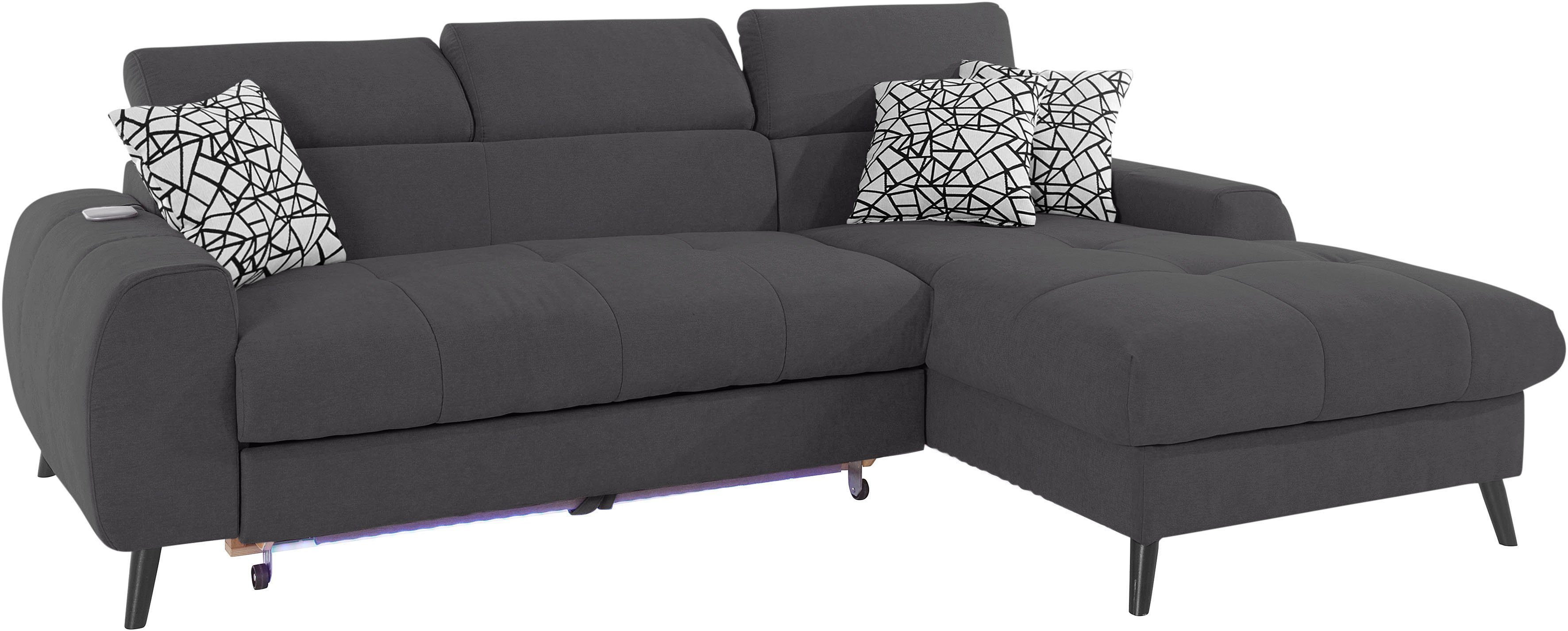 COTTA Hoekbank Mia L-vorm met 3 sierkussens keuze met bedfunctie, bedlade, verlichting & draadloze oplader