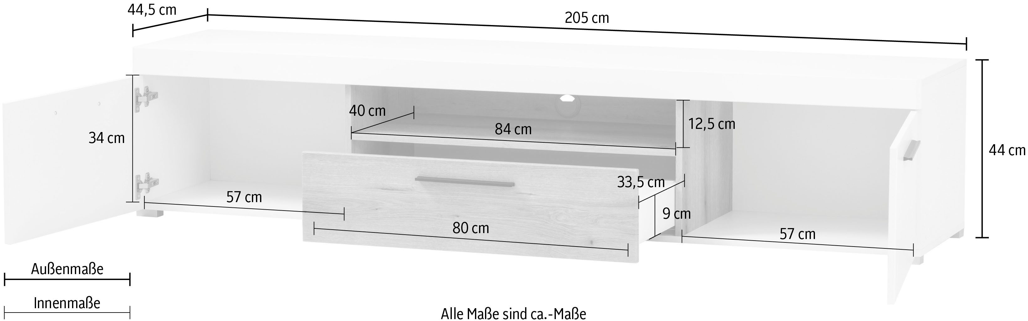 INOSIGN Tv-meubel Salerno, moderne onderkast, commode in wit met Eiken Evoke decor Metalen handgrepen, voldoende opbergruimte, veelzijdig inzetbaar, 205 cm breed