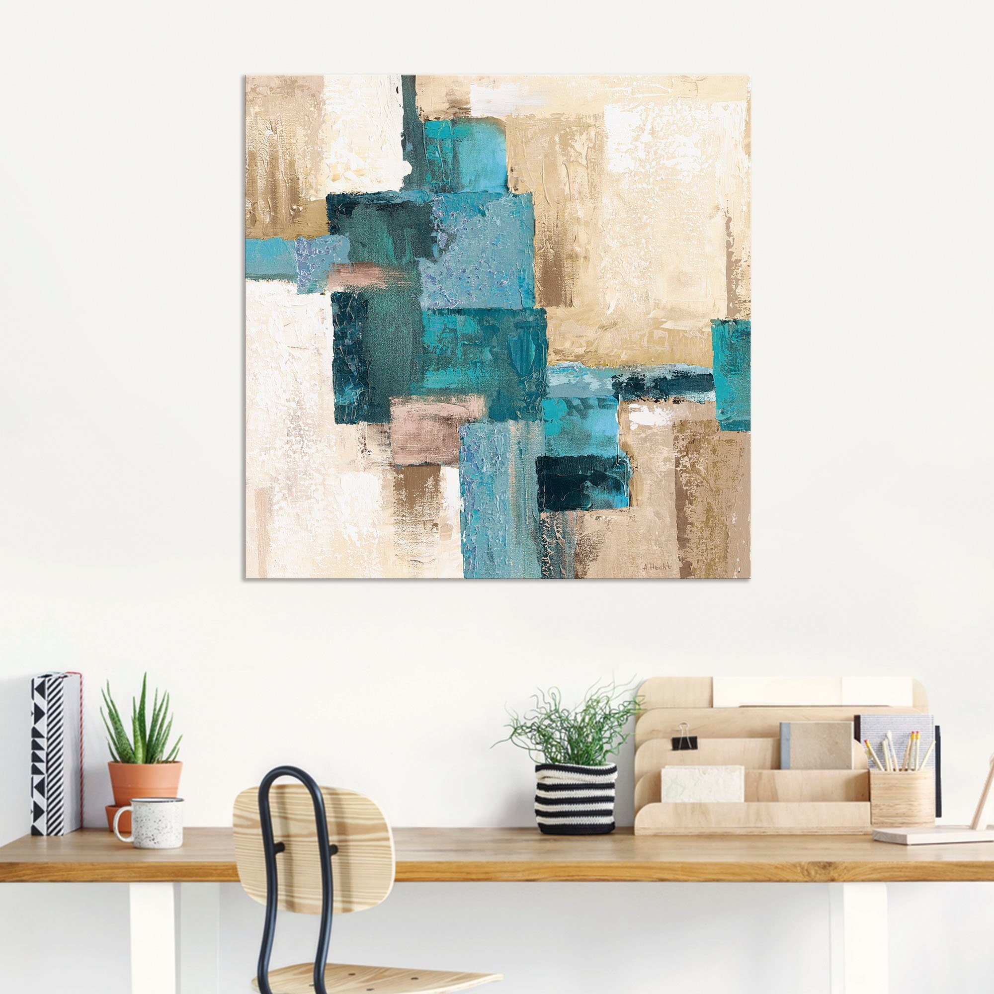 Artland Artprint Abstracte ruiten beige-turquoise als artprint van aluminium, artprint voor buiten, artprint op linnen, poster in verschillende maten. maten