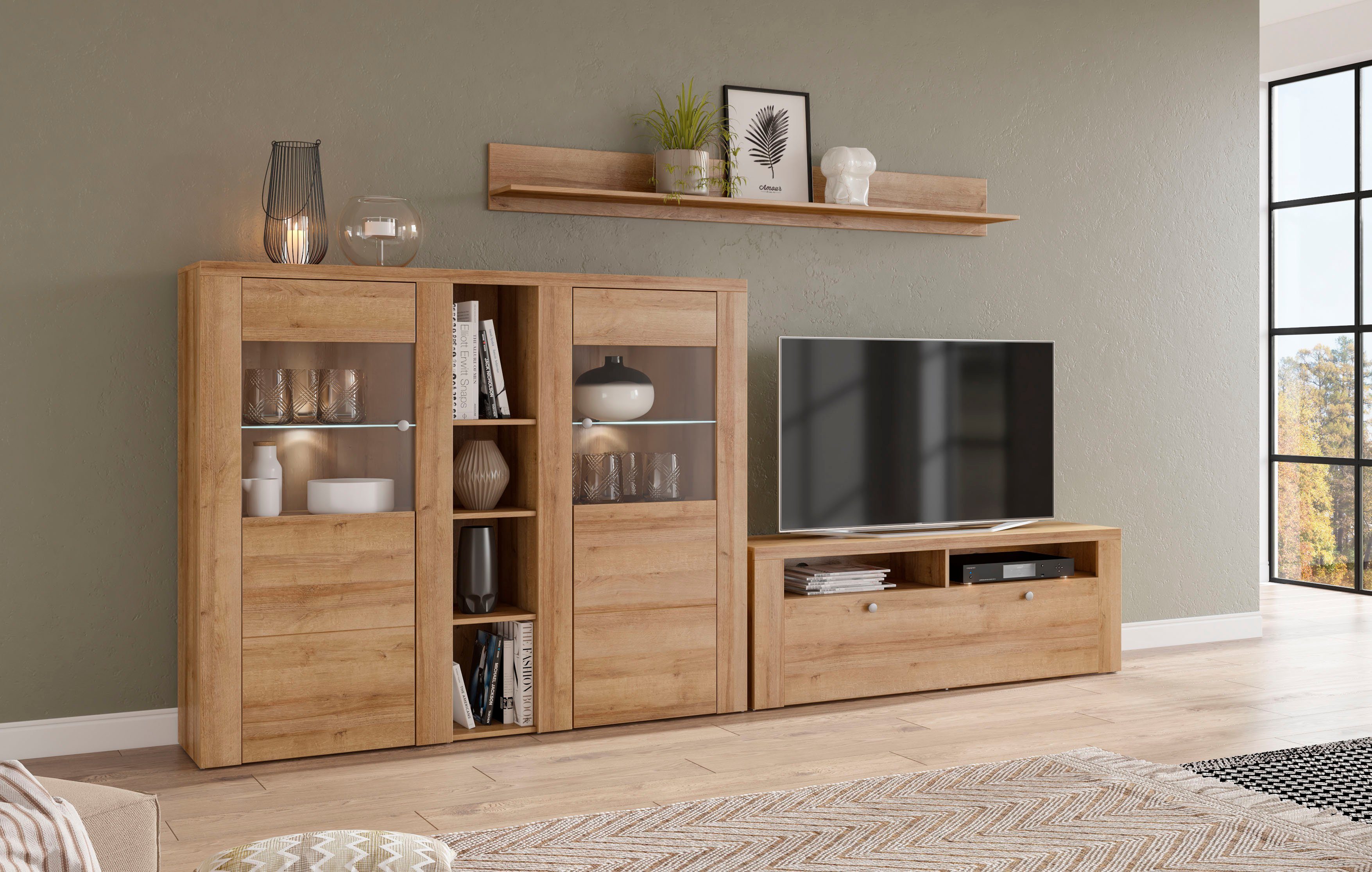 Home affaire Wandmeubel Larona, Woonwand, 3-delig set, bestaande uit 1 tv-kast, 1 hoge kast, 1 wandplank (3 stuks)