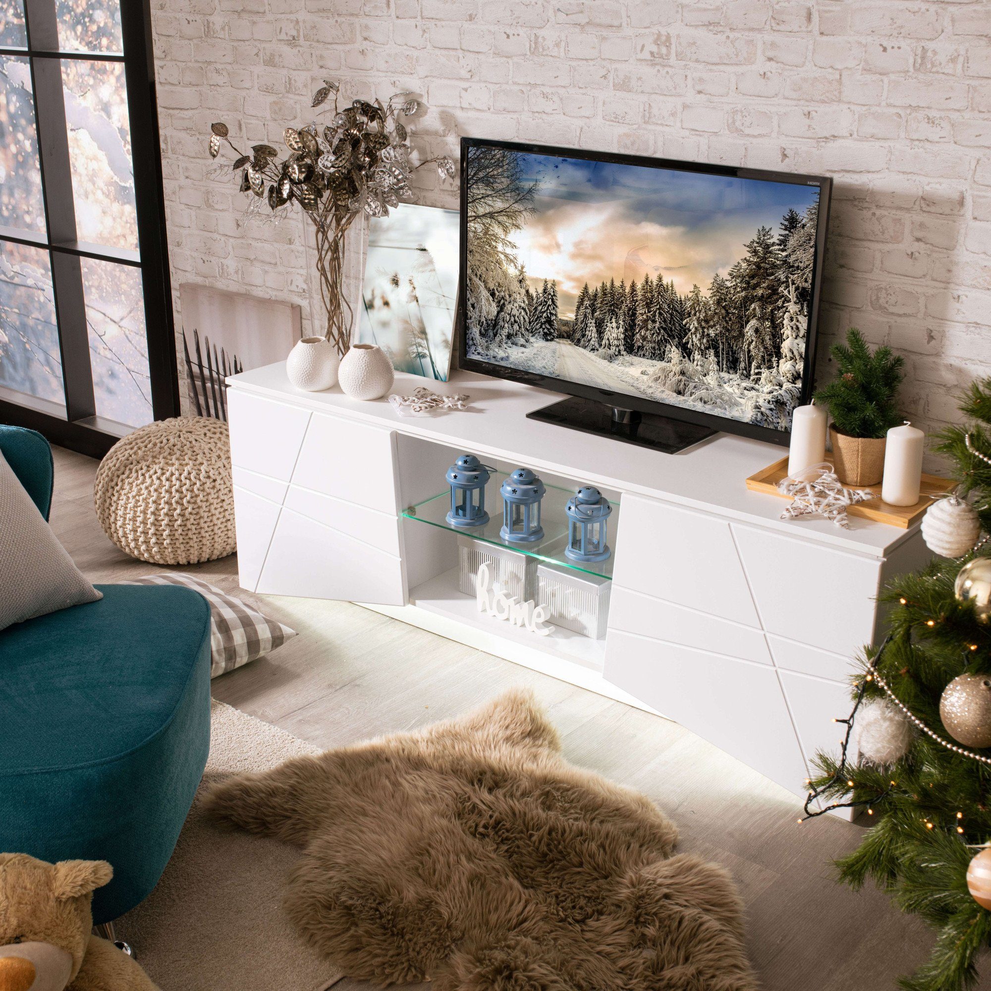 INOSIGN Tv-meubel Cadiz TV-Board TV-kast met hoogglans fronten en frezingen, glazen plank