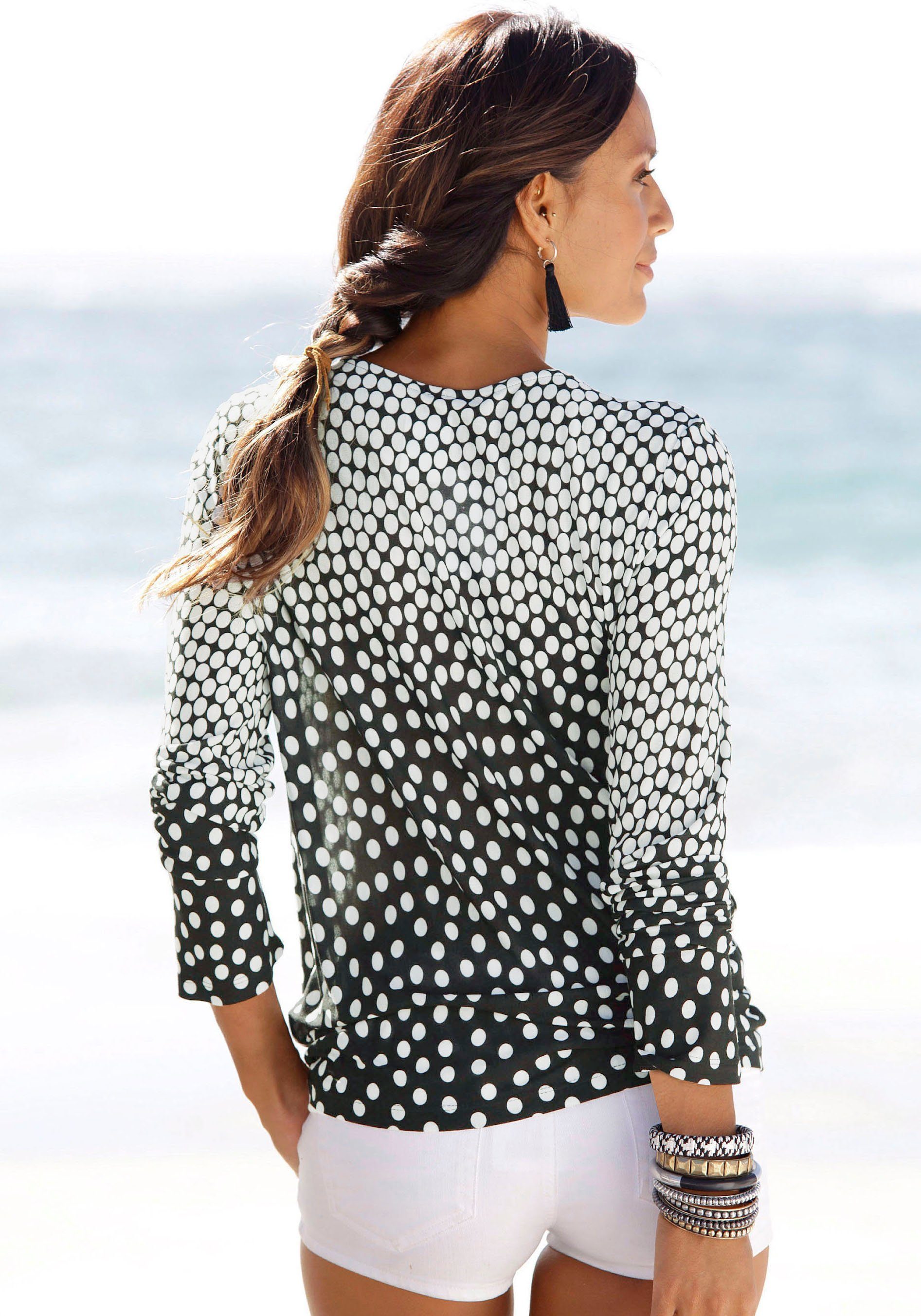 Lascana Shirt met lange mouwen met kleine uitsnijding, jersey-shirt, stippen-print
