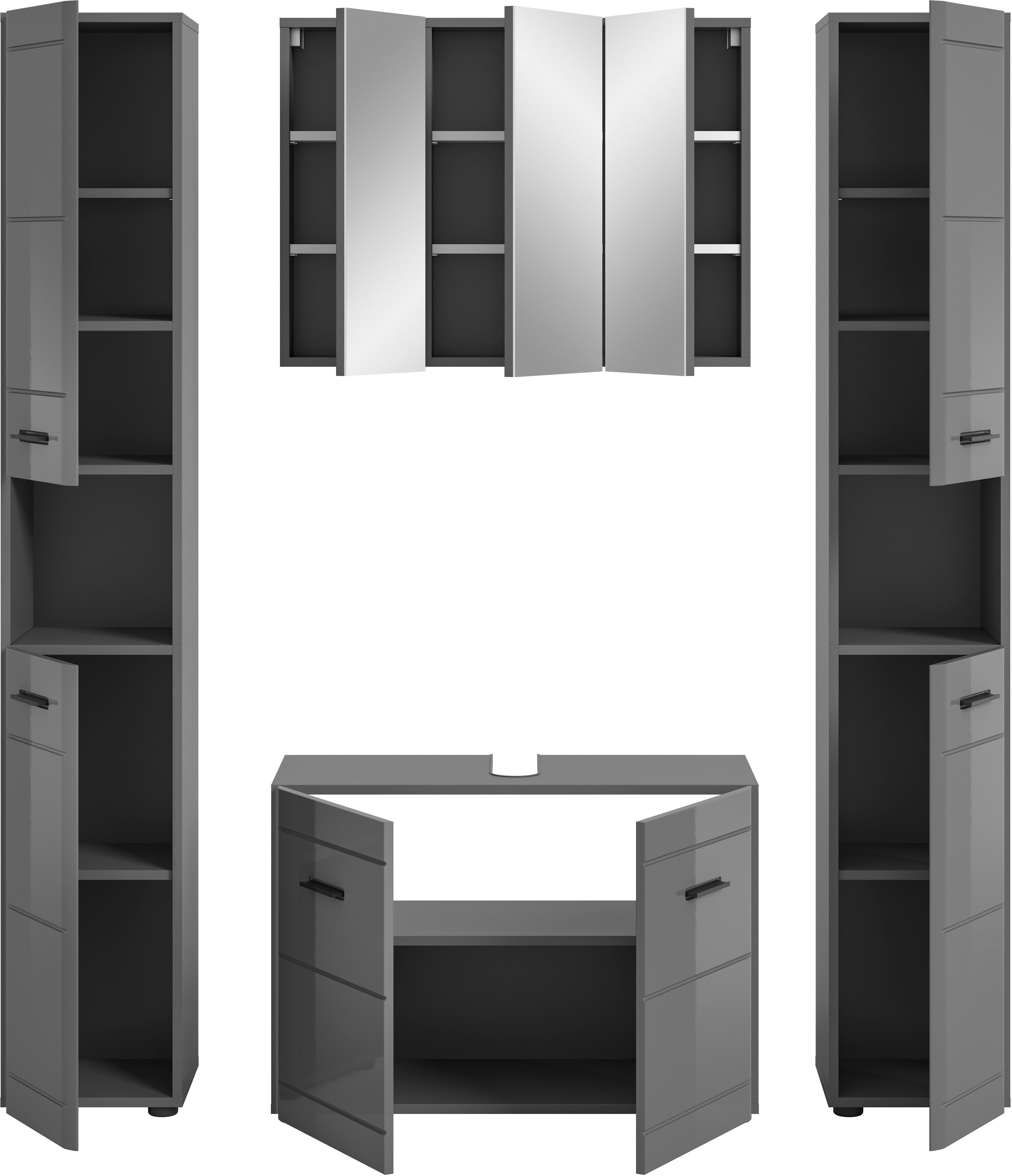 welltime Badmeubelset Doux, bestaande uit: 2x hoge kast, wastafelonderkast Spiegelschrank, hoogwaardige hoogglans MDF front met groeffrasing (4 stuks)