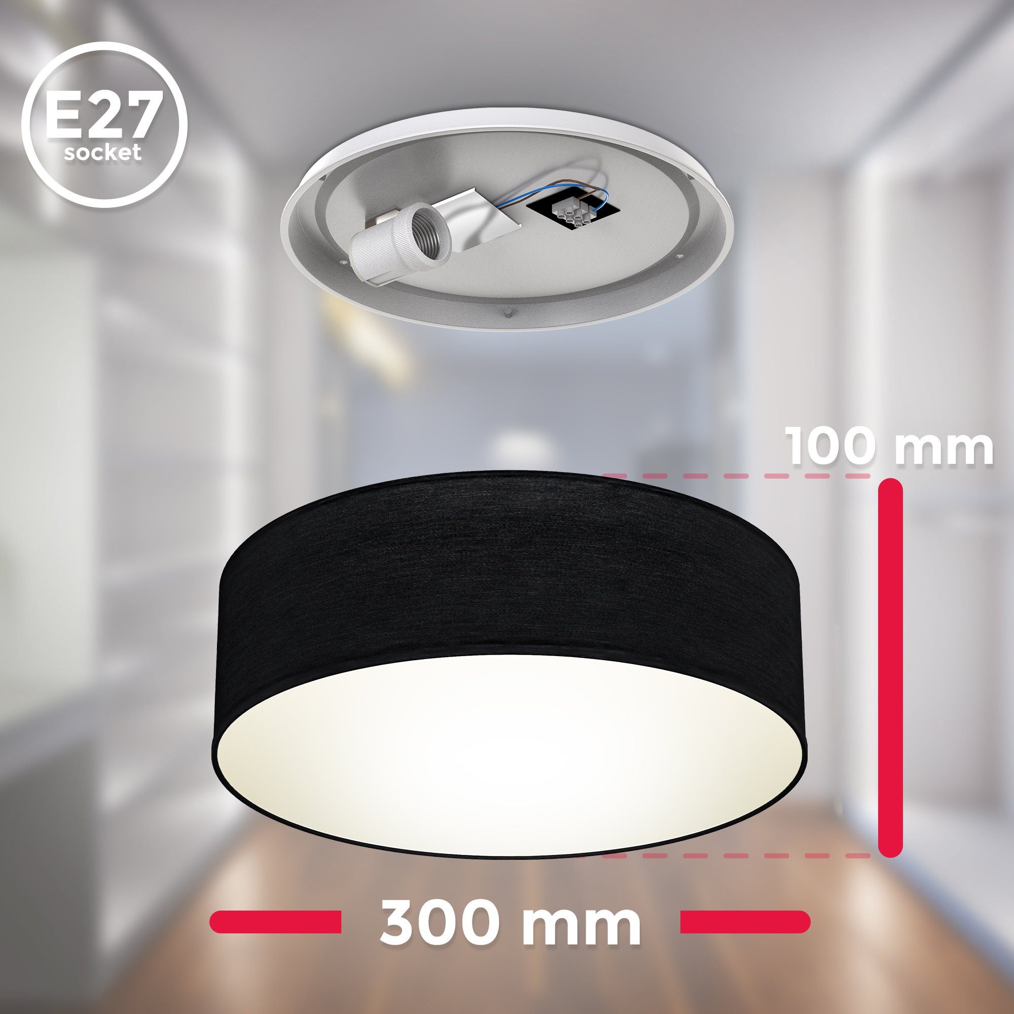 B.K.Licht Led-plafondlamp Plafondlamp, textiel lampenkap, zwart, slaapkamer, woonkamer