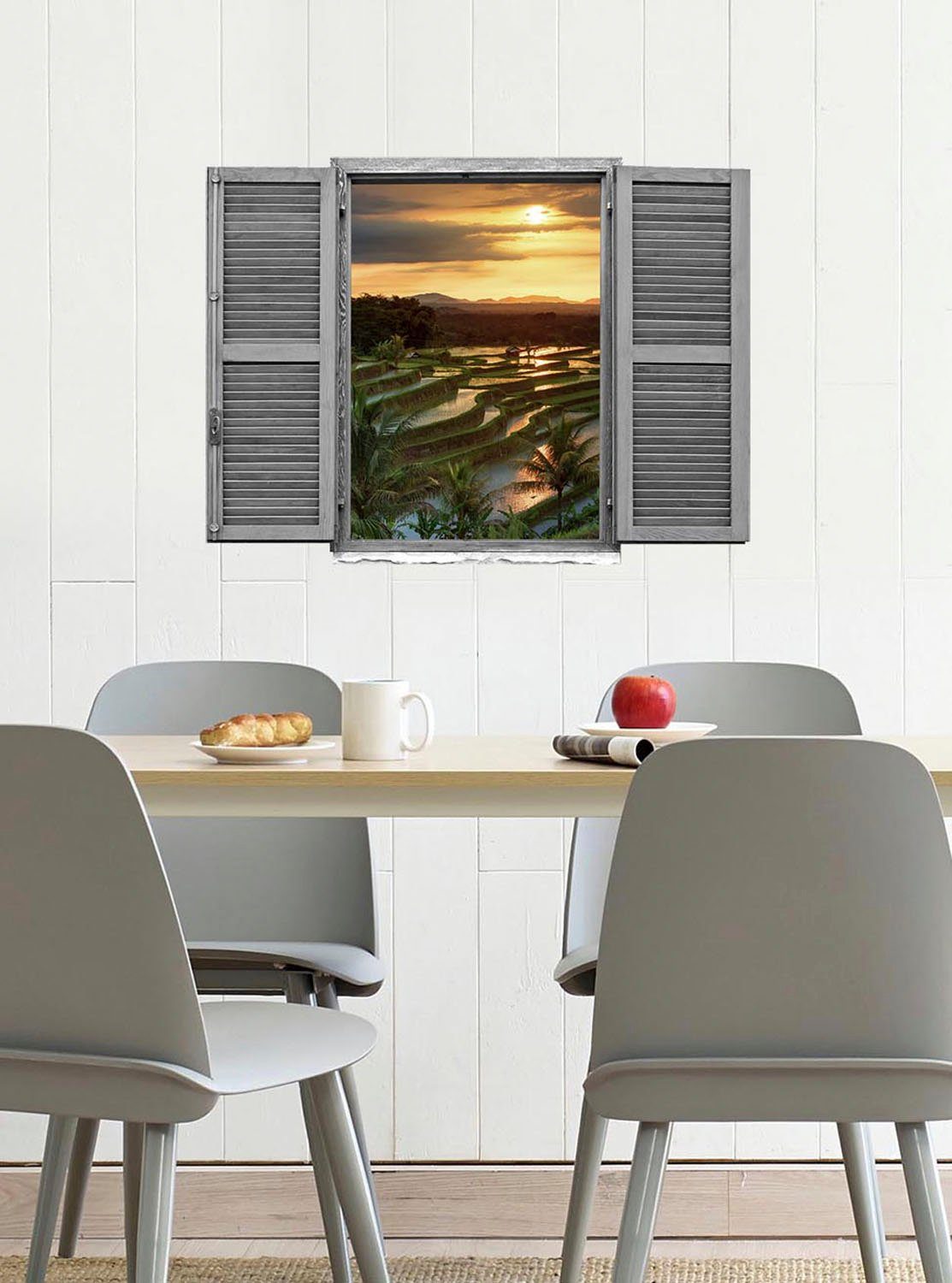 queence Wandfolie Zonsondergang Muursticker, muurdecoratie, zelfklevend, 3D, raam (1 stuk)