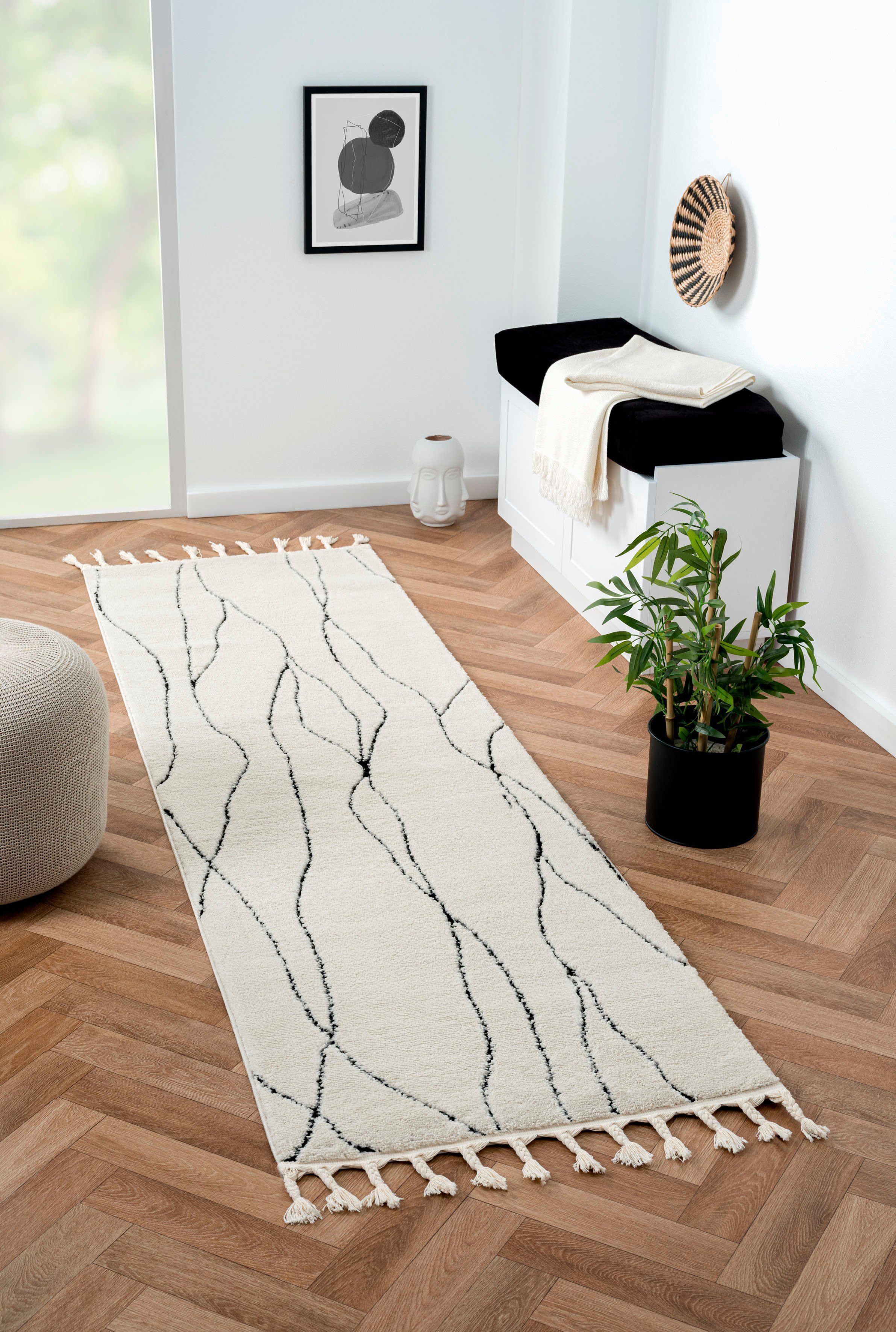 Myflair Möbel & Accessoires Hoogpolig vloerkleed Moroccan Handwrite modern, marokkaans ontwerp, fluffy zacht, met franjes hoogpolige vloerkleden wit