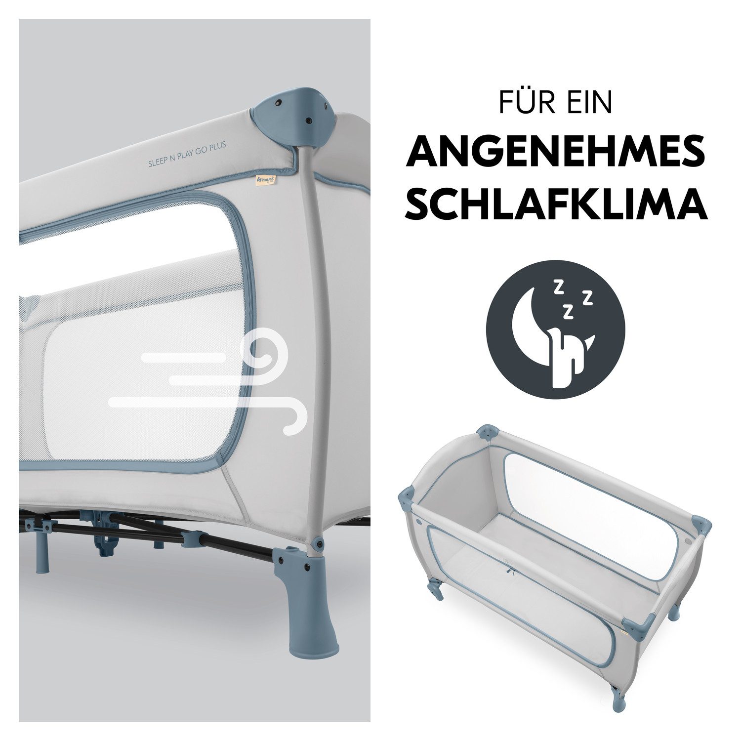 Hauck Baby-campingbed Sleep N Play Go Plus, Dusty Blue met geïntegreerde wielen, voorinstap