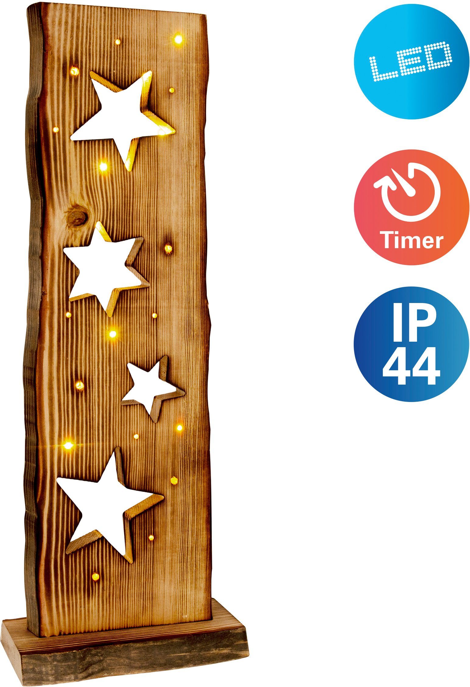 näve Led-tuinlamp Houten led-kerstverlichting met stermotief, kerstversiering buiten incl. 23x leds 2800k,incl. batterijvak met timerfunctie (6on/18off)