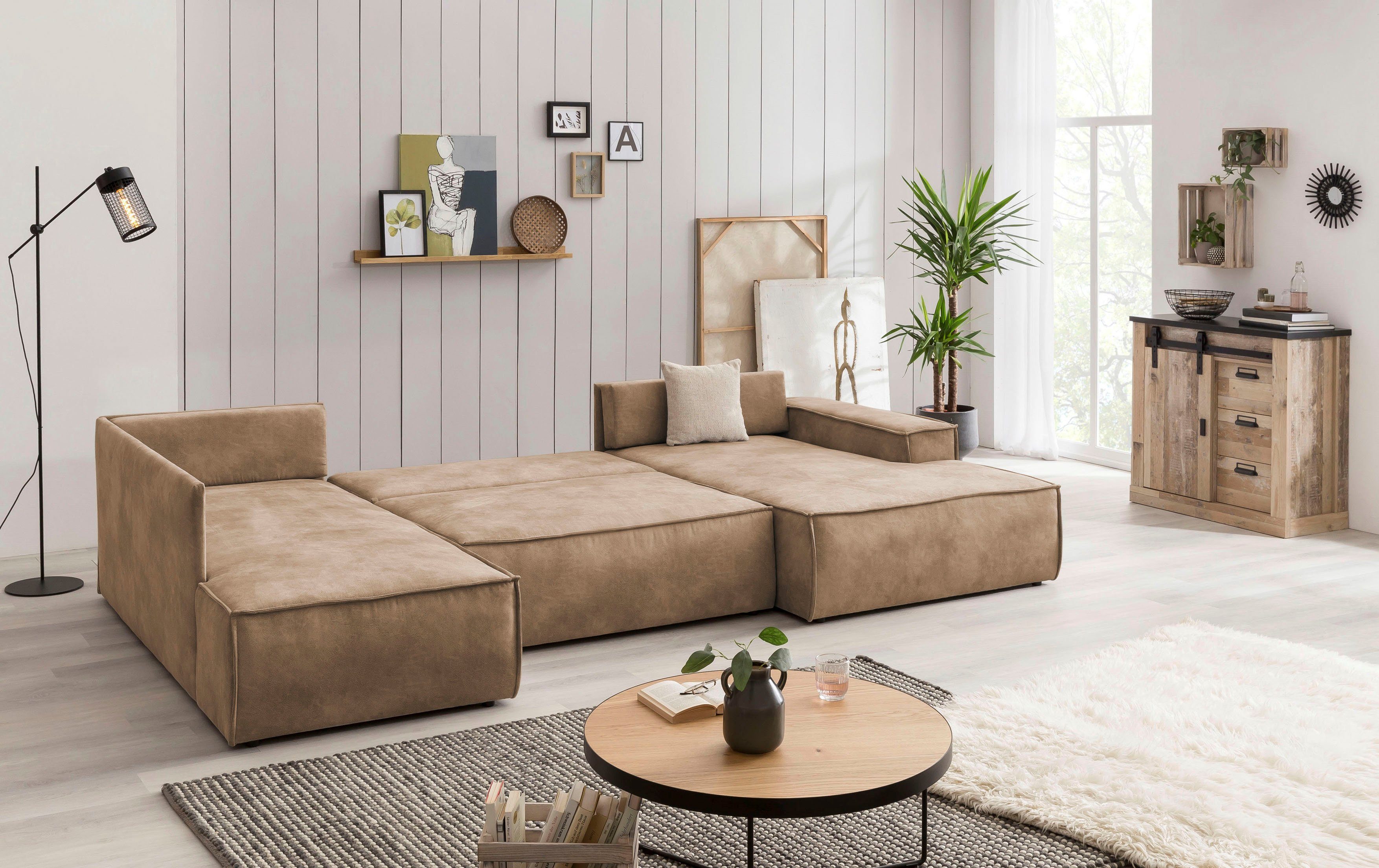 Home affaire Zithoek SHERWOOD 329 cm, U-vorm, slaapbank, Slaapfunctie met bedkist (194x139 cm), cord, vintage, fluweel