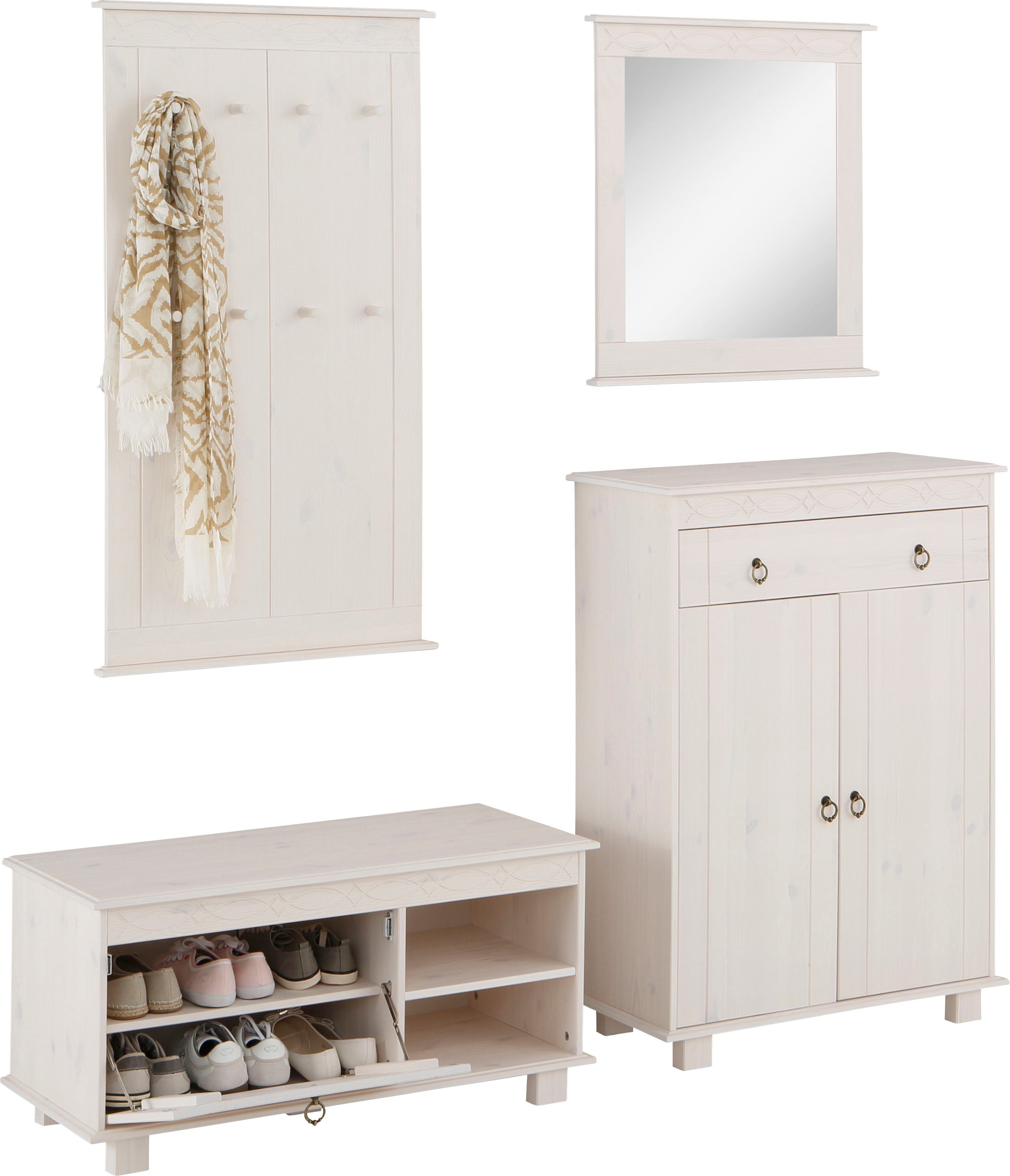 Home affaire Halmeubelset Indra 4-delig set: schoenenbank, paneel, spiegel, commode, massief dennenhout (set, 4-delig)