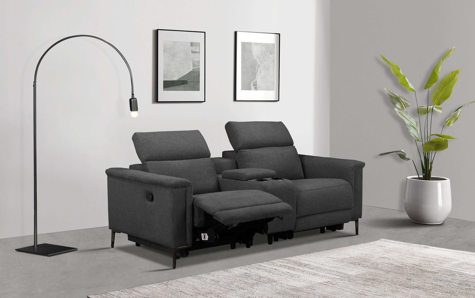 Places of Style 2-zitsbank Lund, 2-zits bioscoopbank, tv-fauteuil, multimedia-sofa, USB-A met elektrische of handmatige relaxfunctie, bekerhouder en opbergruimte
