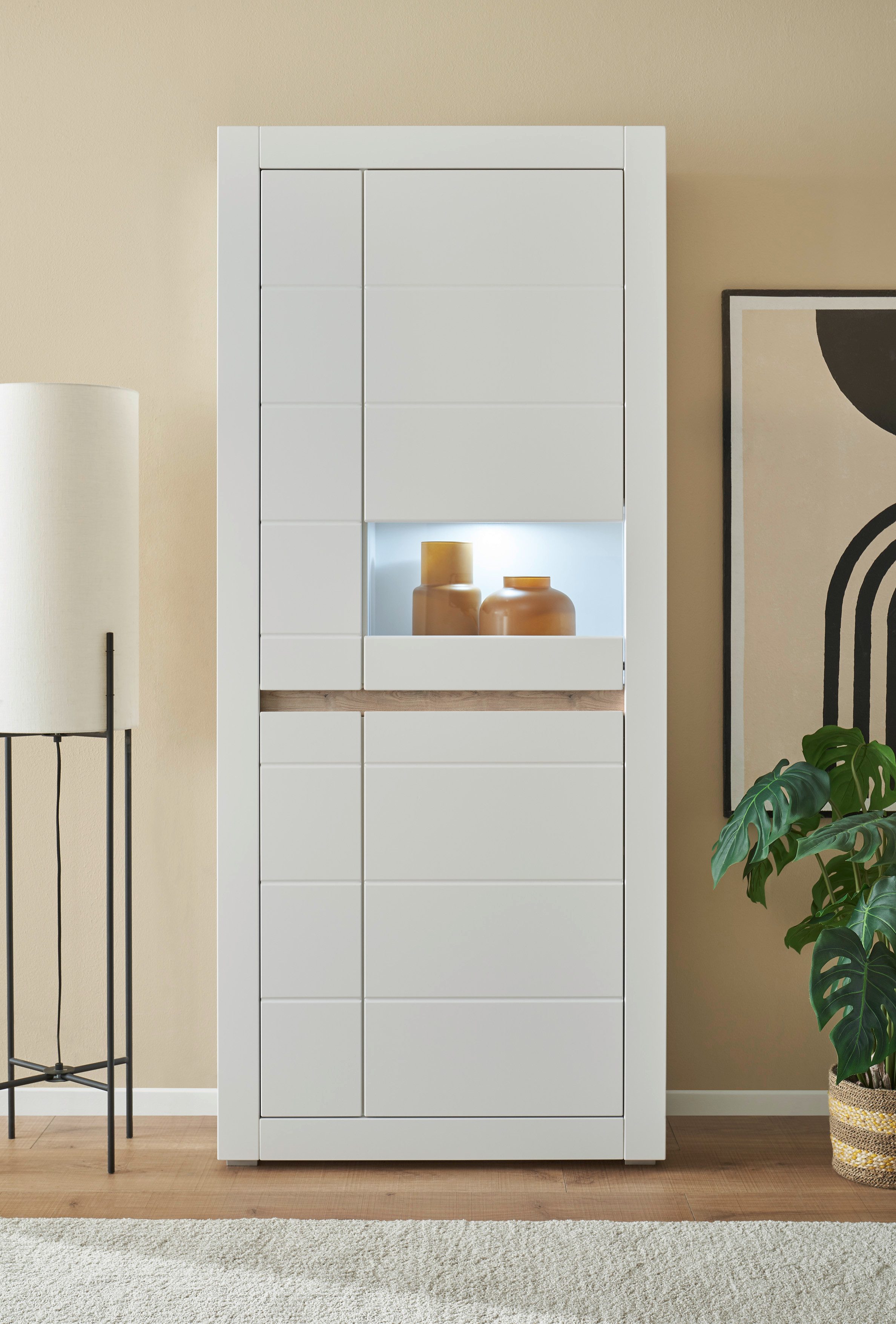 INOSIGN Vitrinekast Chester, Hoge kast met opbergruimte, Glazen vitrine, Dressoir, Mat Wit (1 stuk)