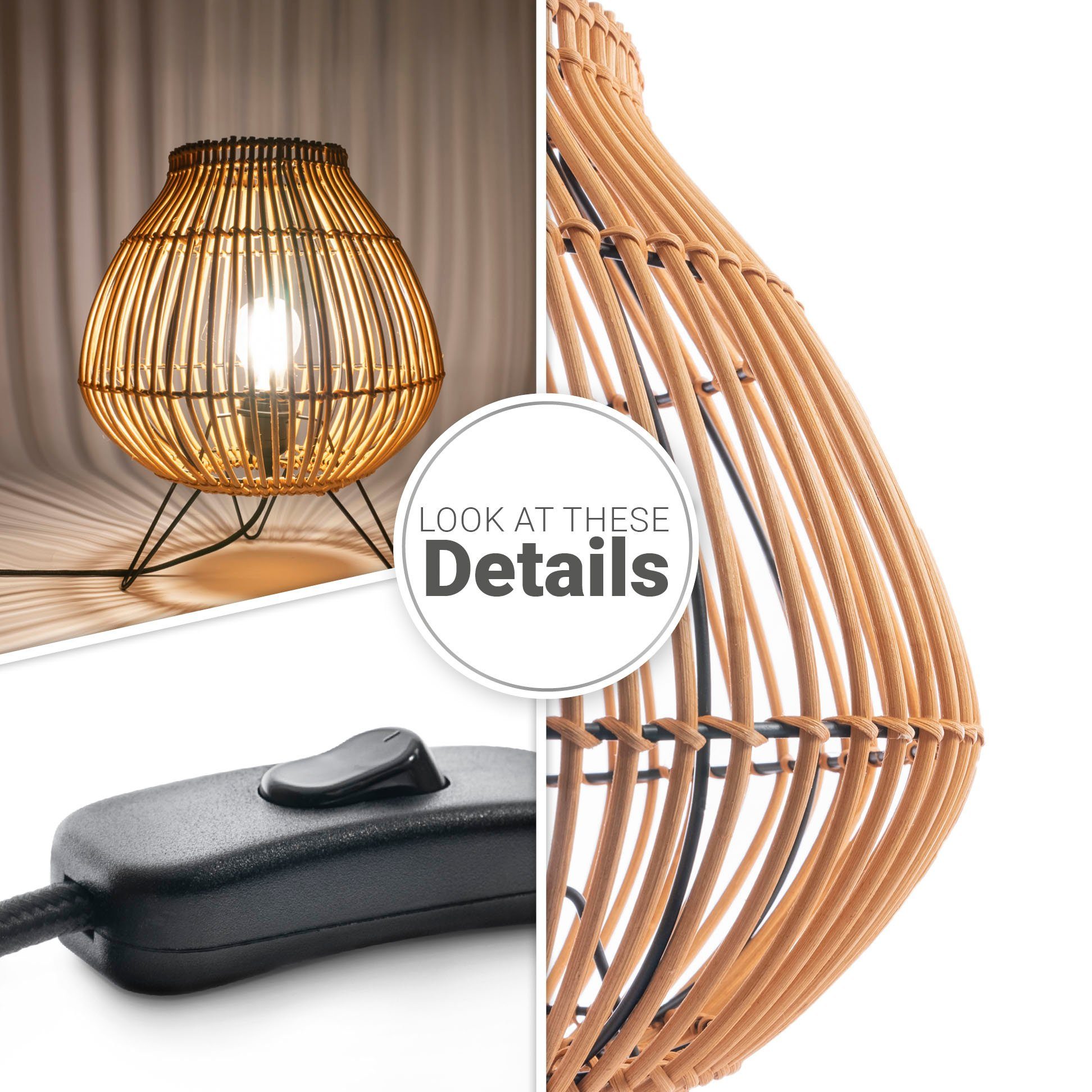 Paco Home Tafellamp PURI Rattan mandlamp nacht LED driepoot Boho E27
