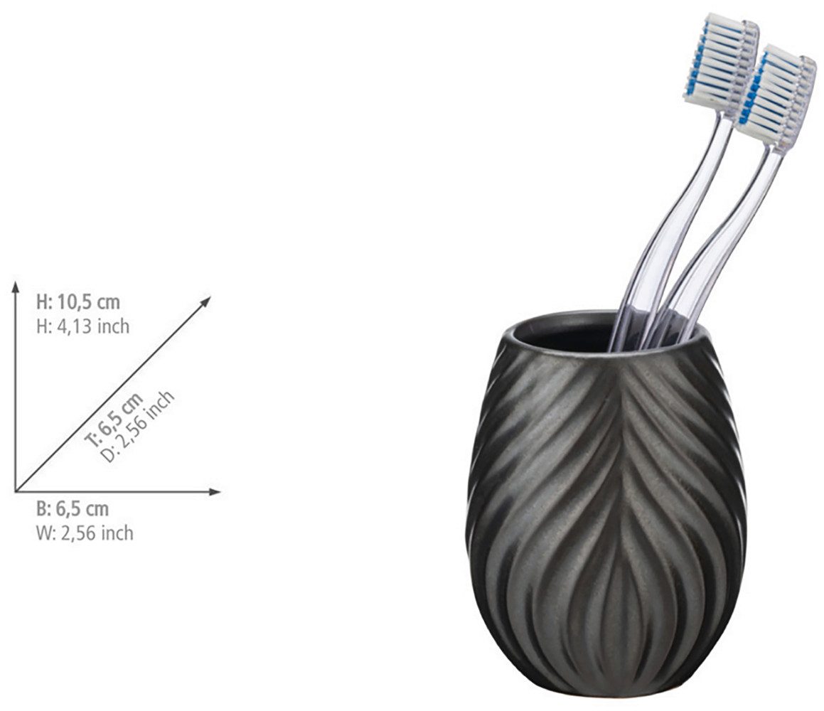 WENKO Set badkameraccessoires Model Idro antraciet Zeepdispenser en tandenborstelbeker van keramiek, lijnstructuur (2-delig)