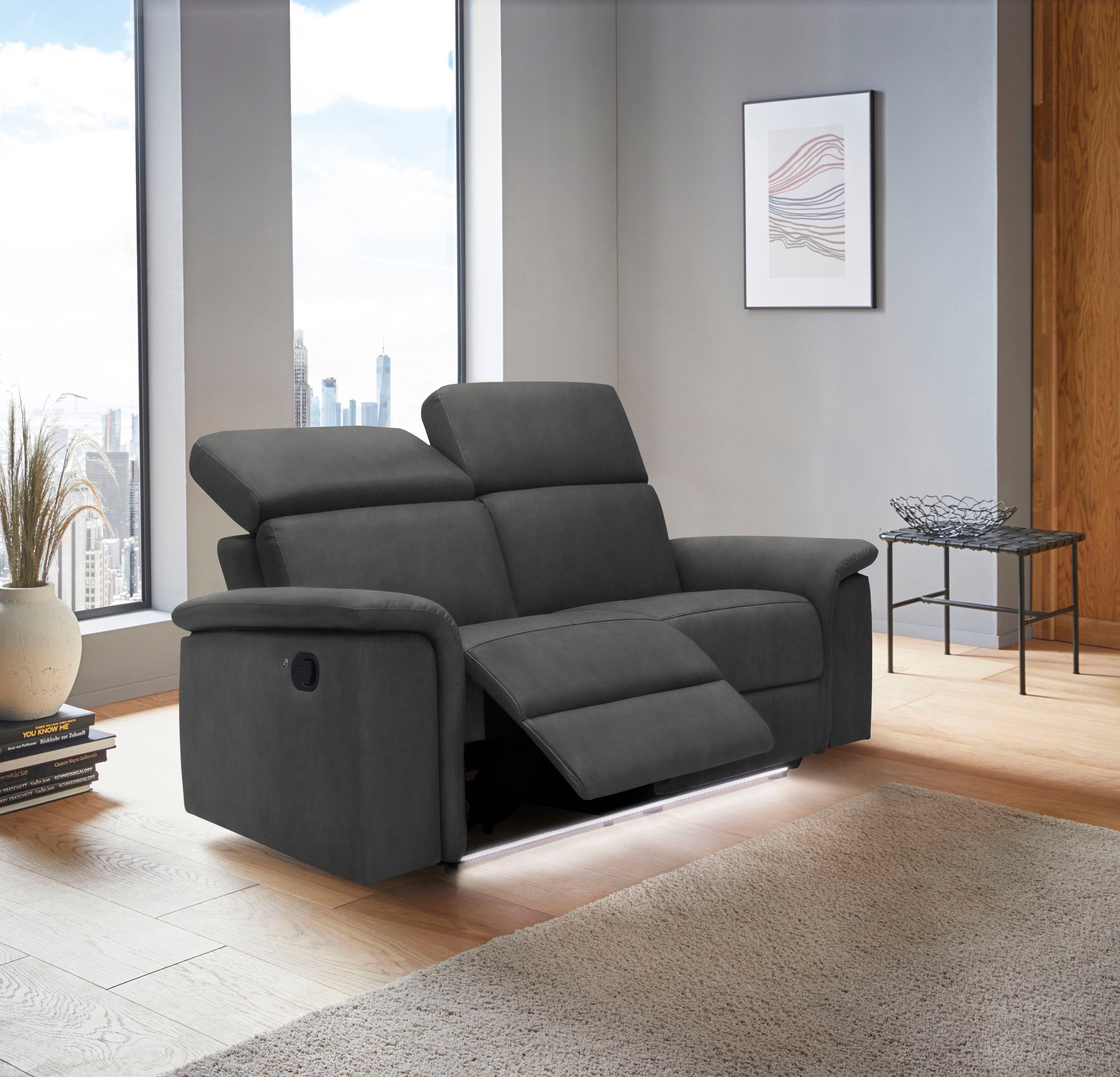 Places of Style 2-zitsbank Pareli 172 cm, handmatige en elektrische relaxfunctie USB, hoofdsteunverstelling, LED, in echt leer, kunstleer, web