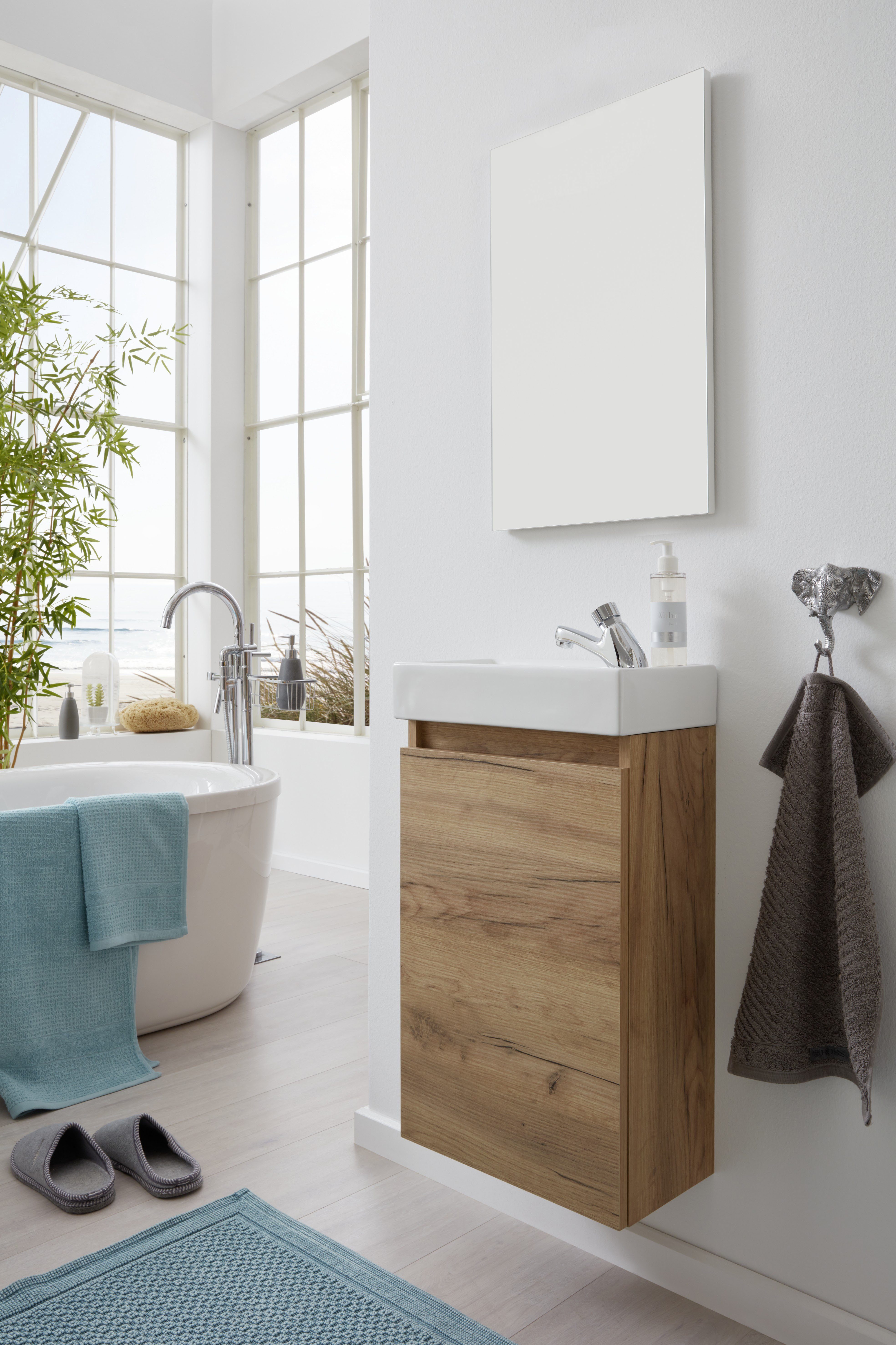 welltime Badkamerserie Oslo 2-delig, badkamerkast gastentoilet wastafelmeubel set Wastafelonderkast met wasbak en spiegel breedte 40 cm, gastenwastafel (complete set, 3 stuks)