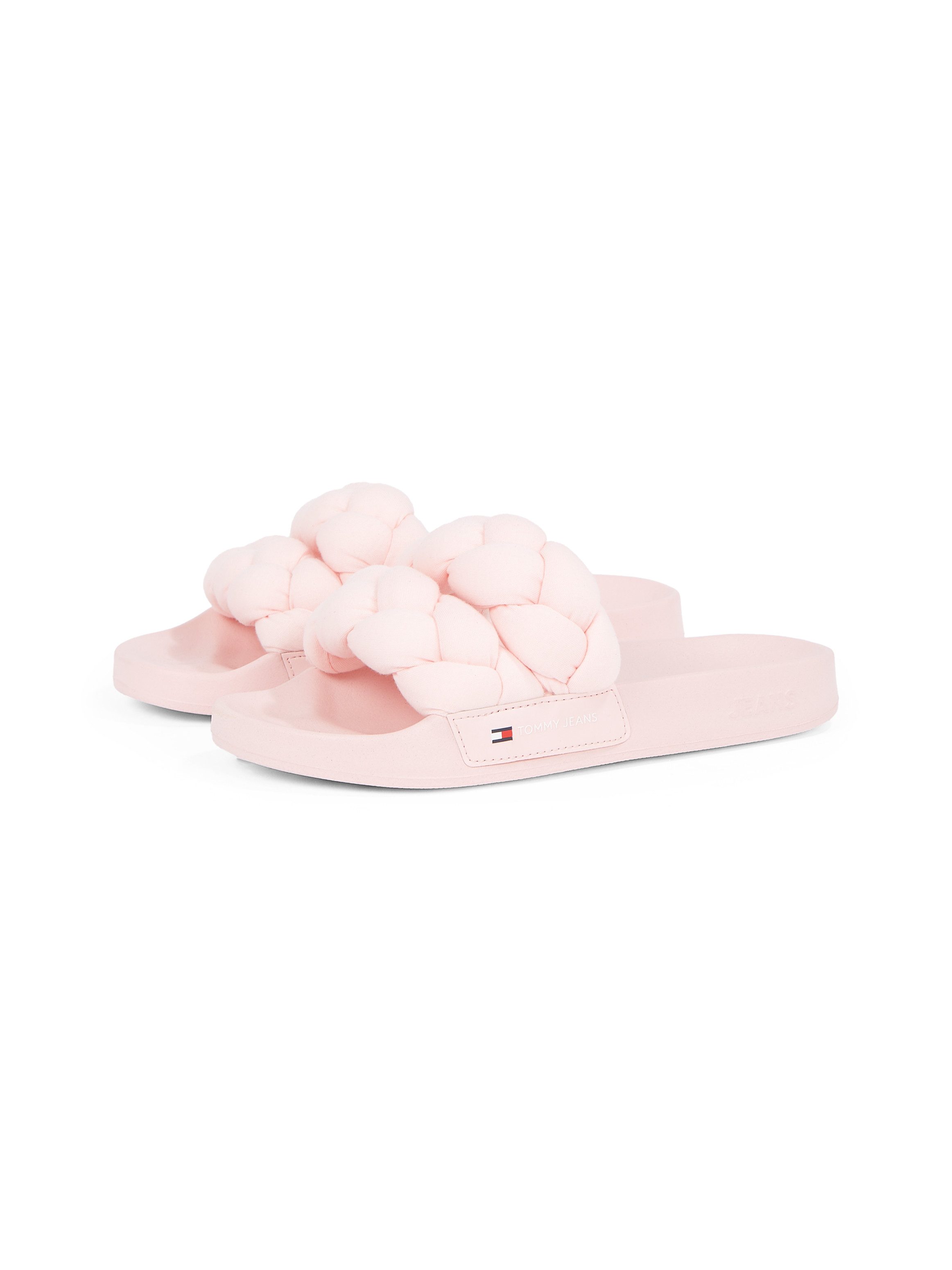 TOMMY JEANS Slippers TJW BRAIDED SLIDE , zomerschoen, flats, instapschoen, gevlochten, gewatteerde bandage dames sandaaltjes maat 37 roze