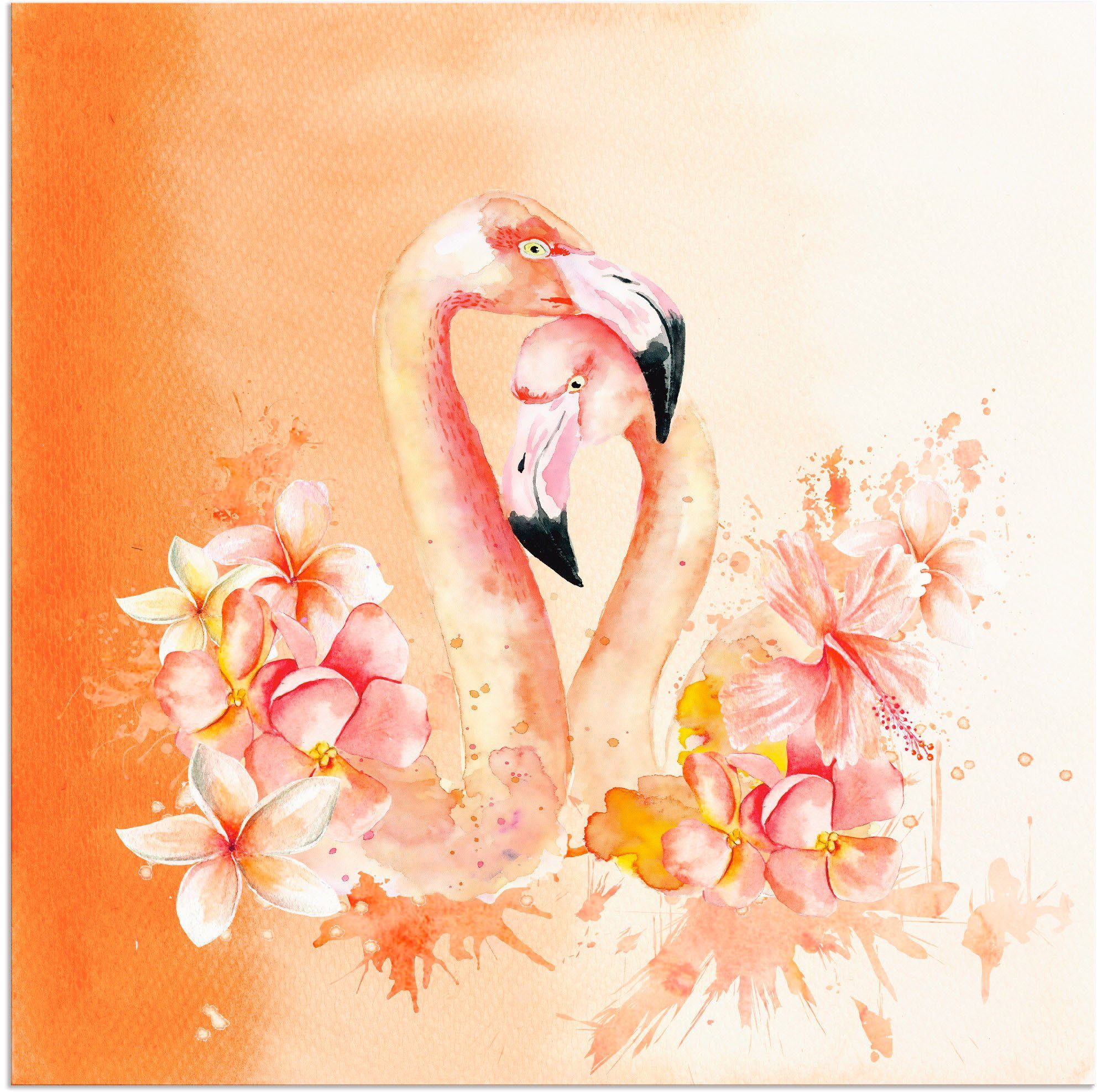 Artland Artprint Oranje flamingo In Love- illustratie in vele afmetingen & productsoorten - artprint van aluminium / artprint voor buiten, artprint op linnen, poster, muursticker /