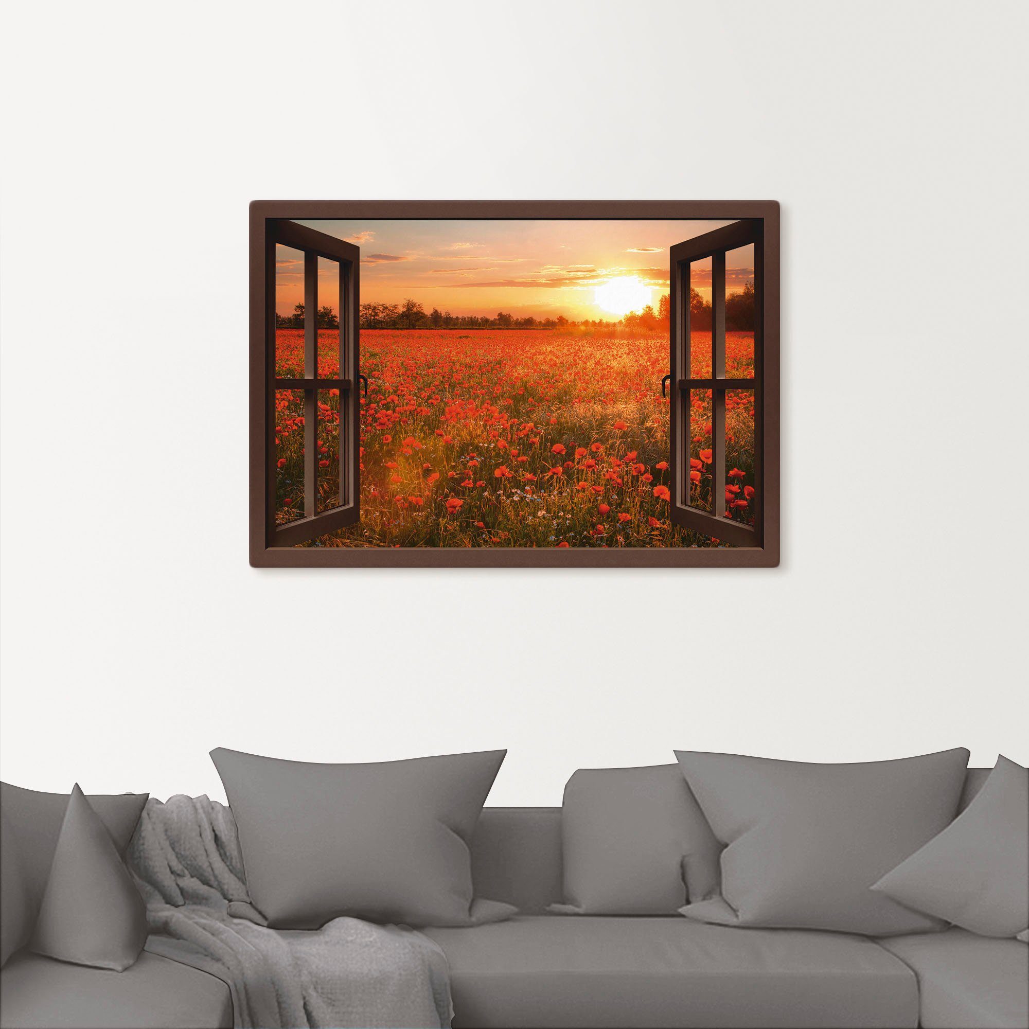 Artland Artprint op linnen Raamzicht - Klaprozenveld - bruin