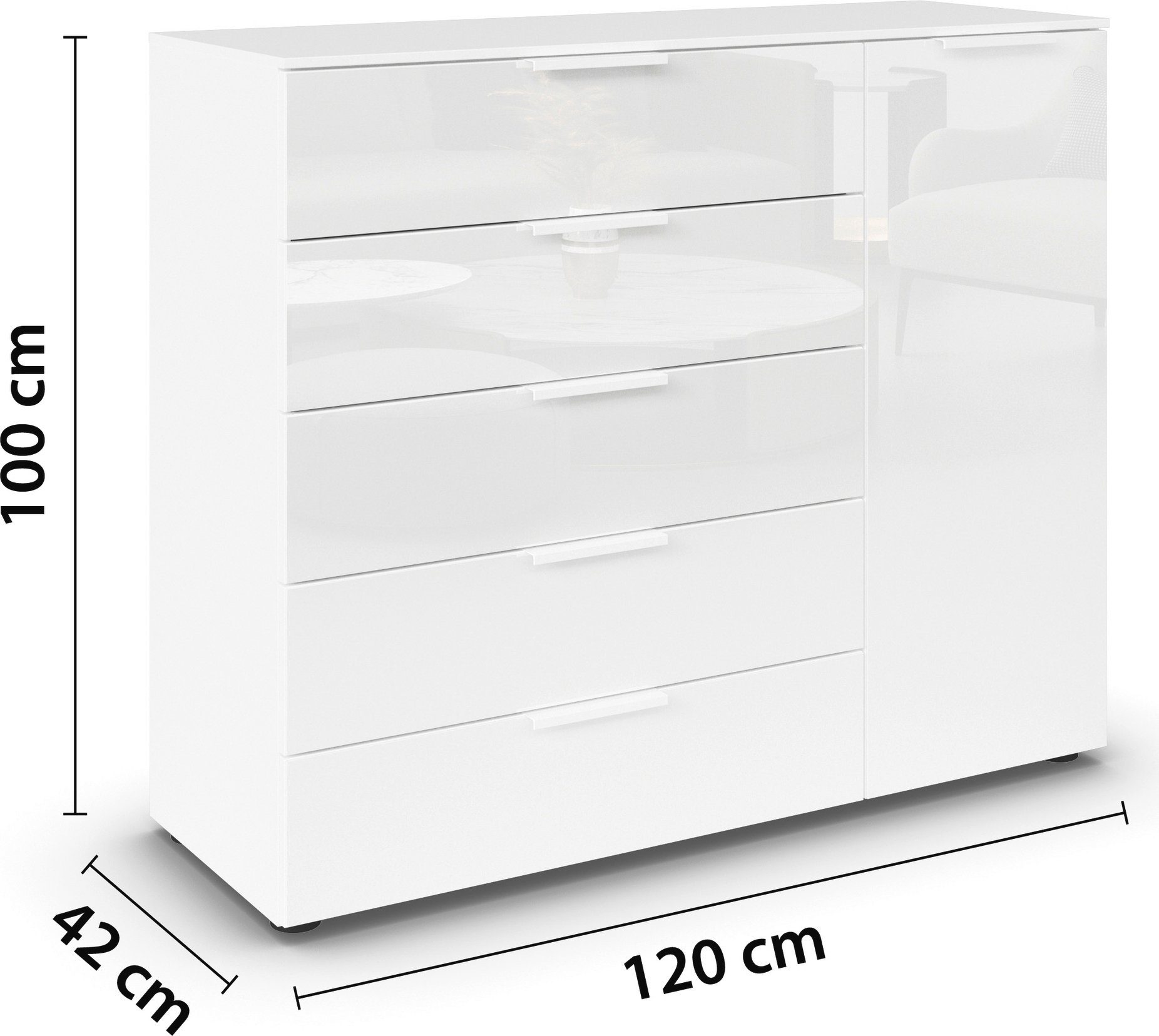 rauch Ladekast Flipp kast sideboard waskast 1-deurs, 5 laden met soft-close functie en glazen front