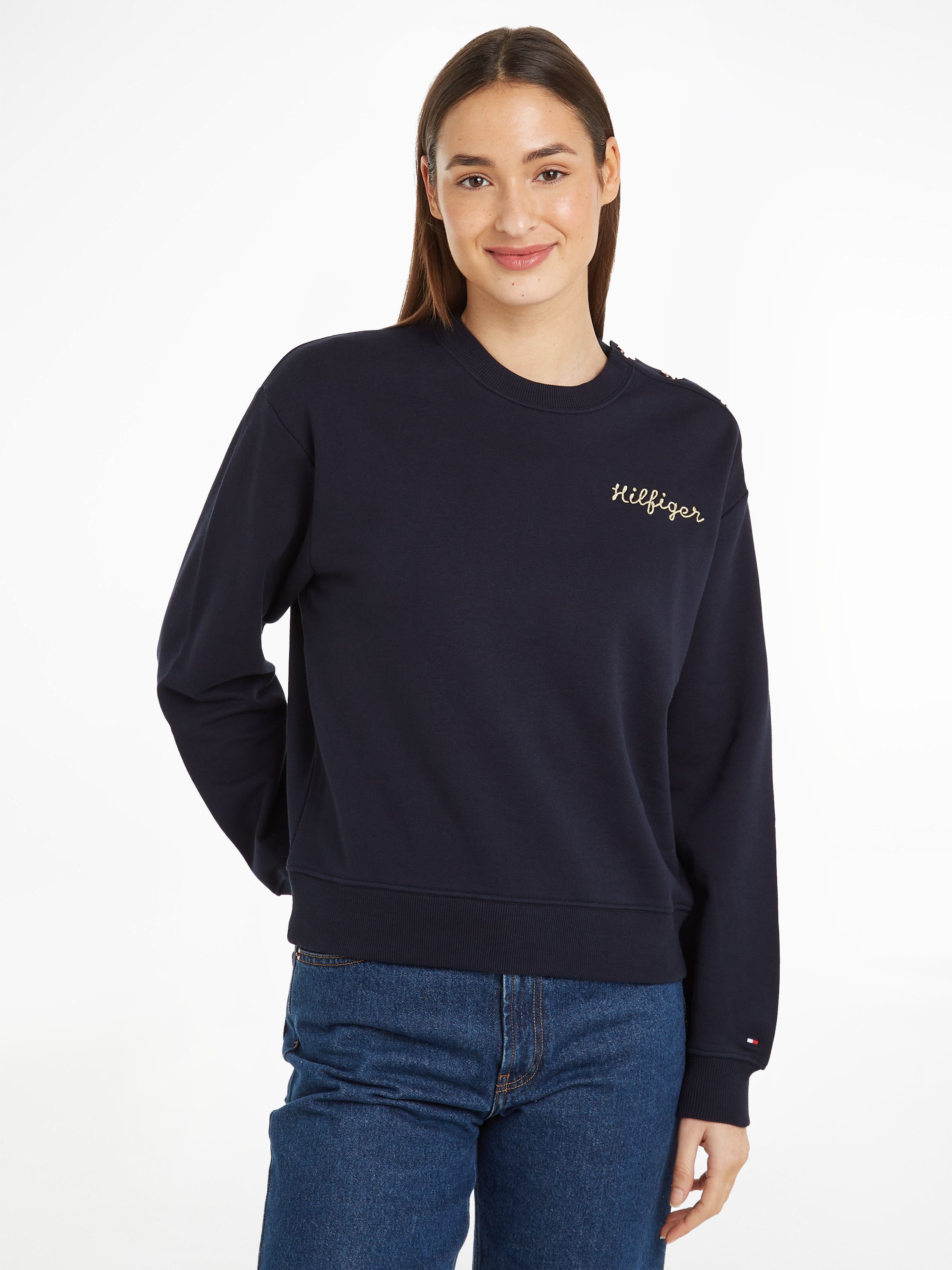 Tommy Hilfiger Sweatshirt REG GOLD BUTTON SWEATSHIRT met goudkleurige knopen op de schouder, logo borduurwerk