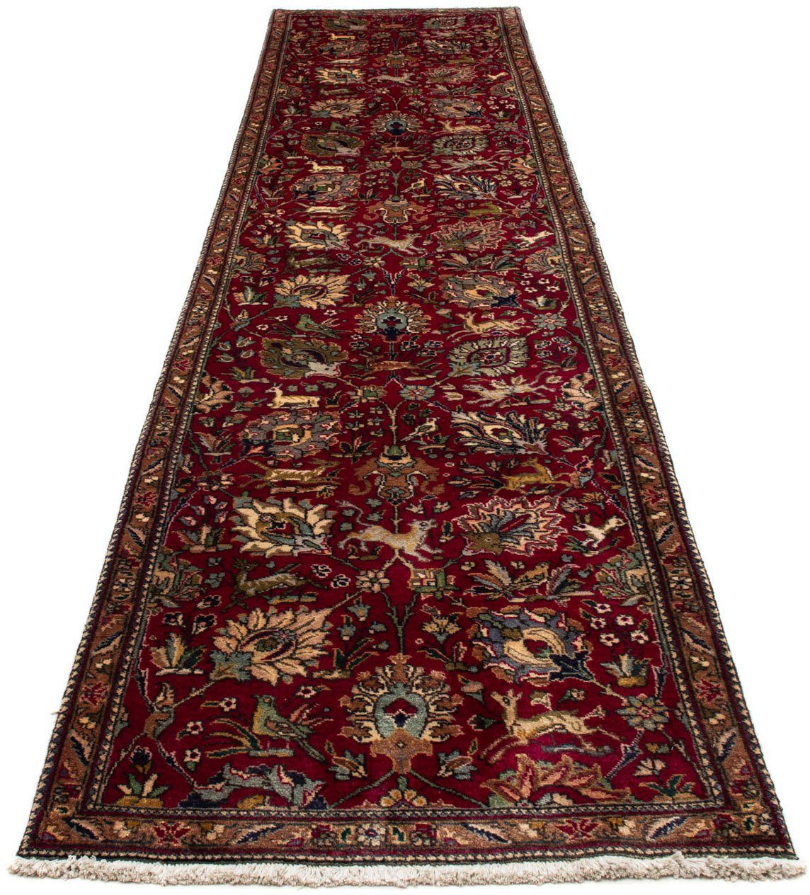 morgenland Hoogpolige loper Tabriz figuratief rosso scuro 385 x 90 cm Uniek exemplaar met certificaat