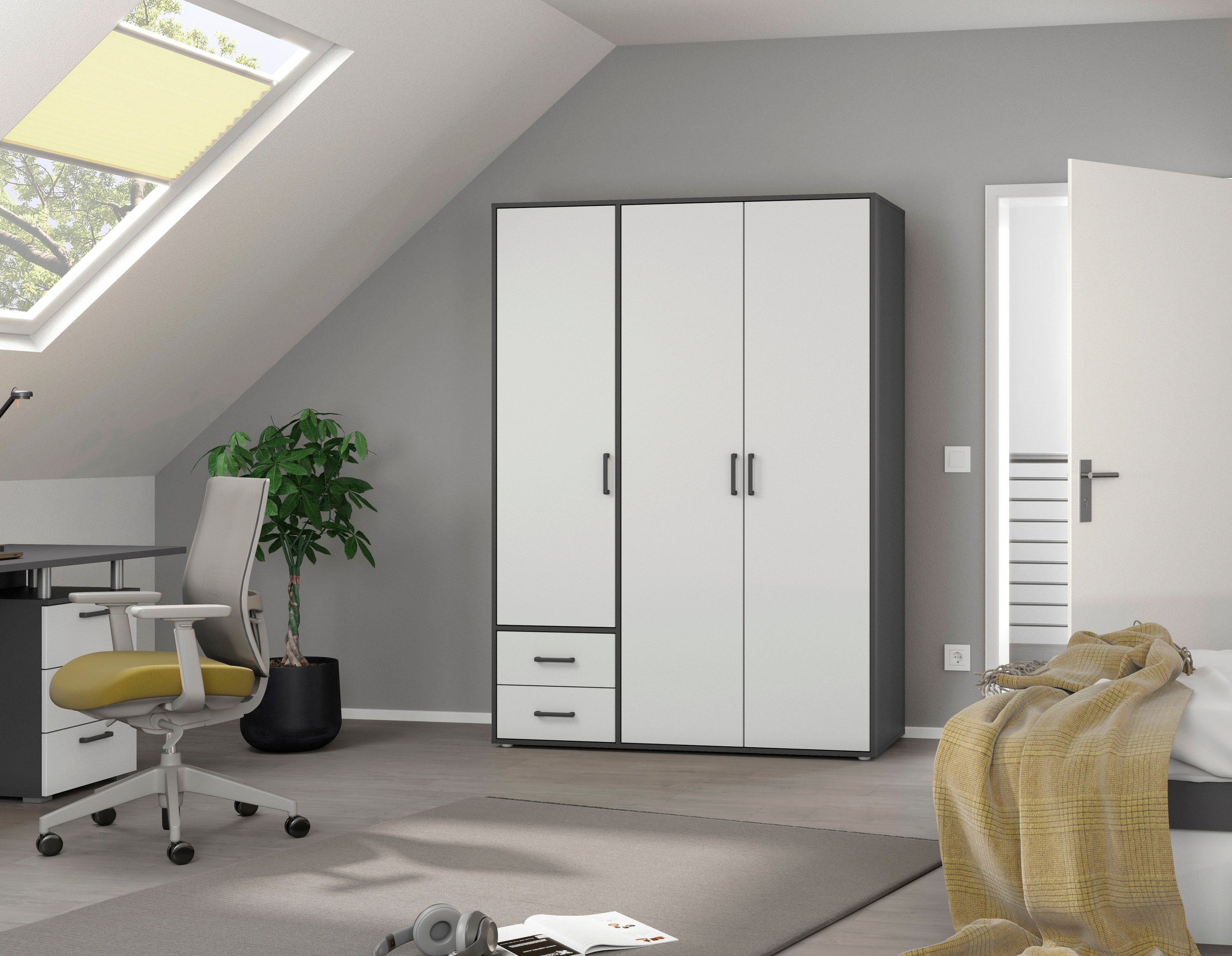 rauch Draaideurkast Voyager, kledingkast met buitenladen, garderobe moderne grepen in grijs metallic met buitenlades made in germany