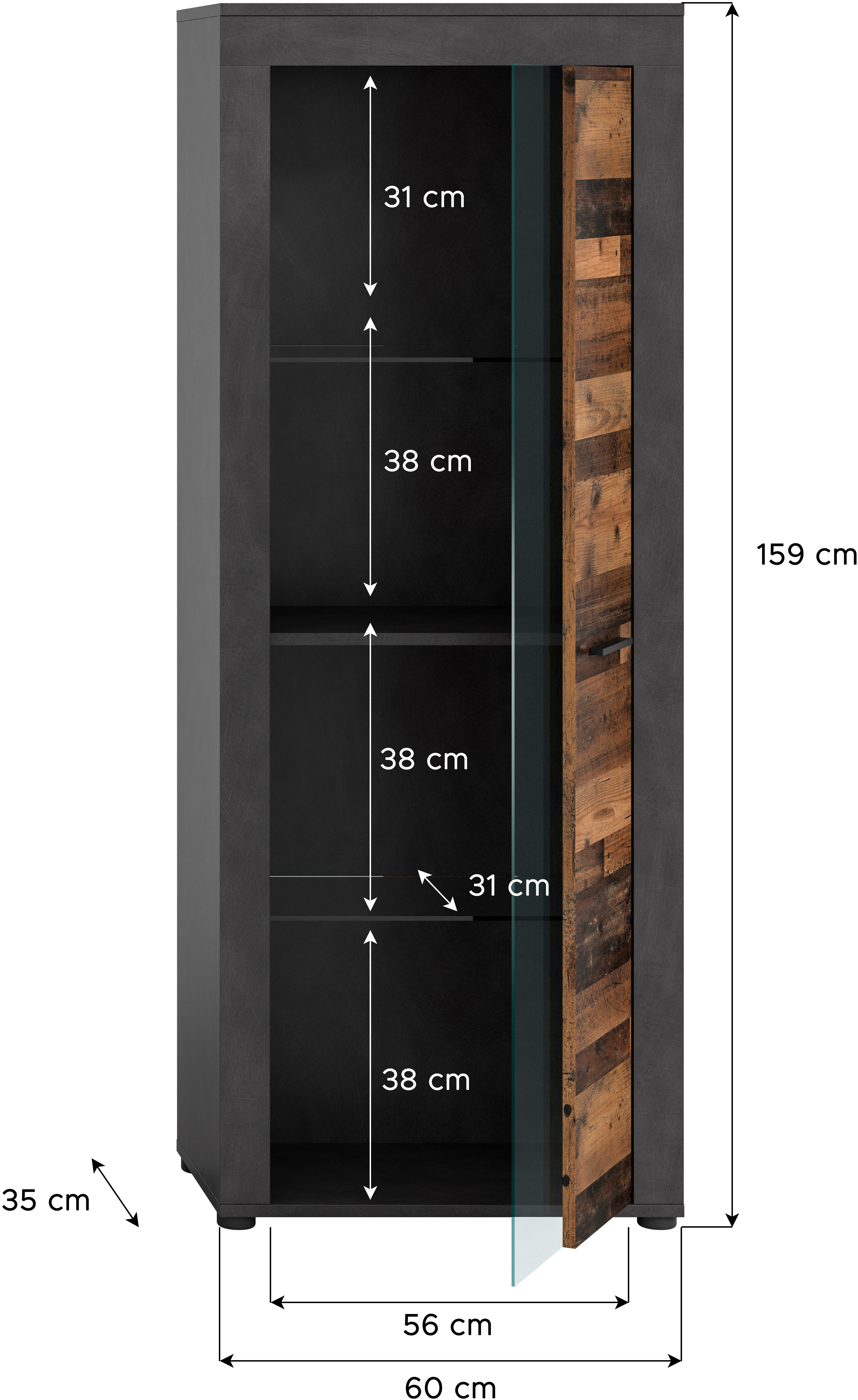 INOSIGN Vitrinekast Aosta, hoogte 159 cm, in verschillende kleuruitvoeringen 1 deur, 3 legplanken, 4 vakken, woonkamer, staande vitrine, glazen vitrine