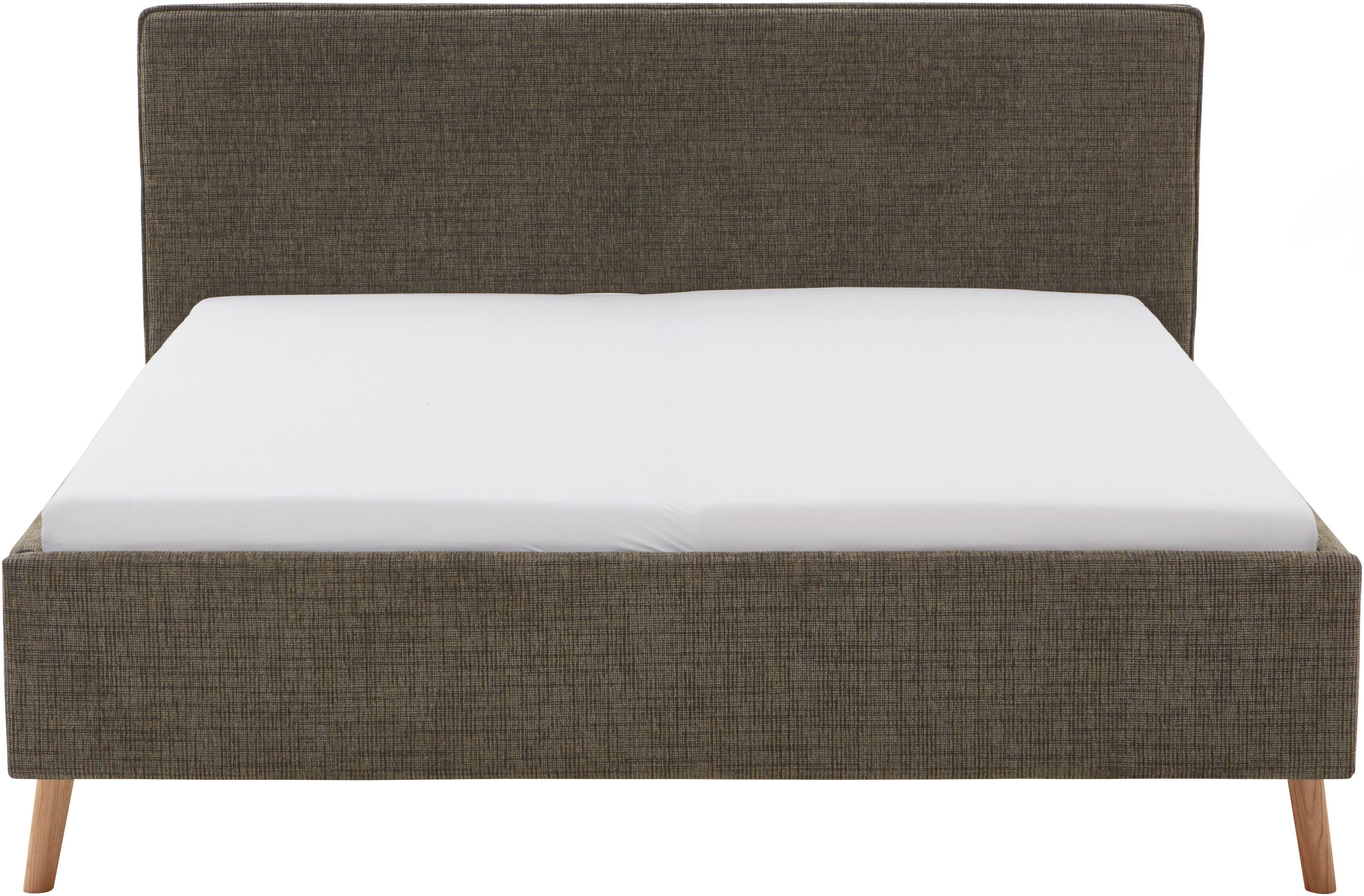 meise.möbel Gestoffeerd bed Riva met eikenkleurige houten poten, naar keuze met bedkist en lattenbodem