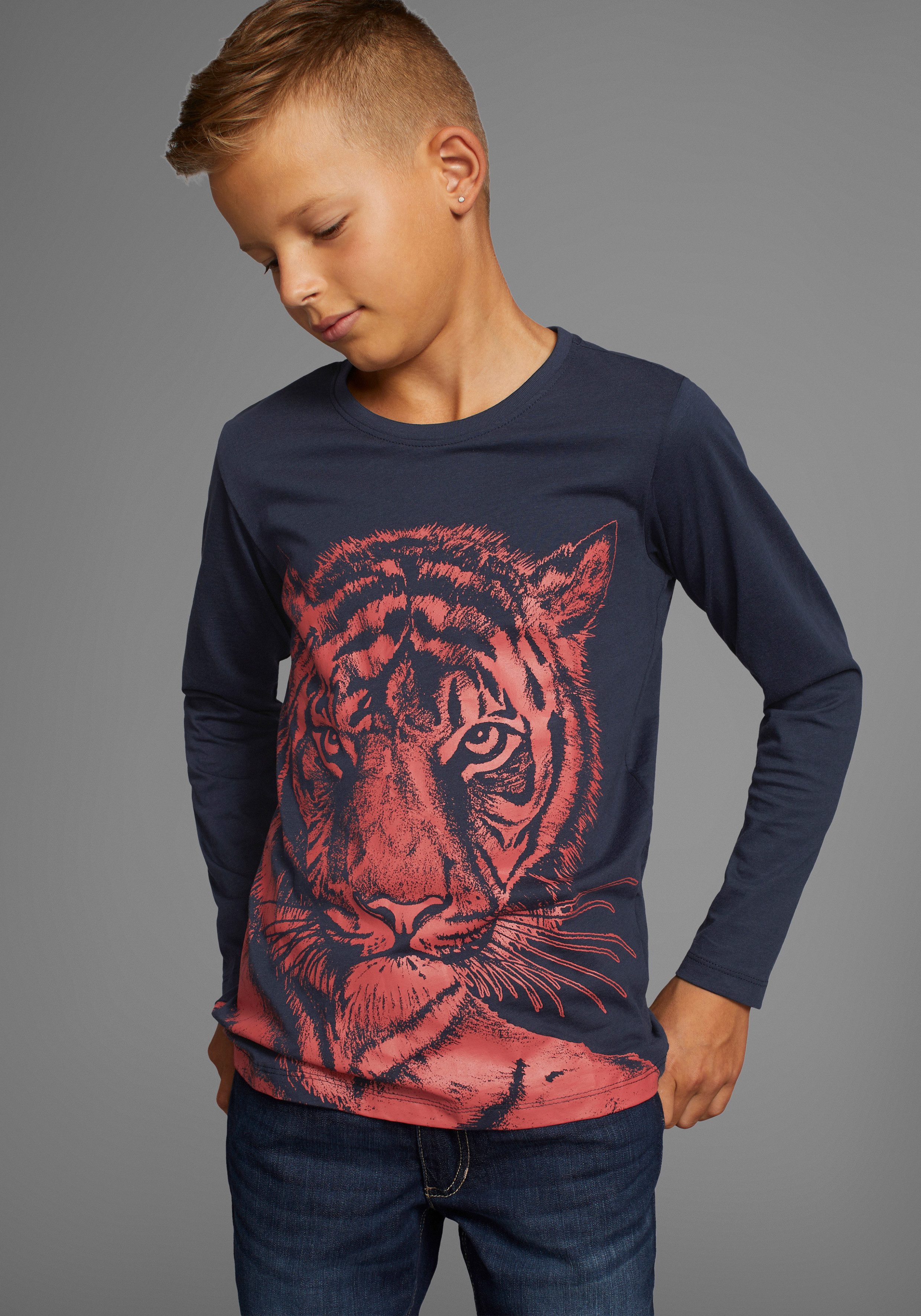 KIDSWORLD Shirt met lange mouwen NEON TIGER Lange mouwen, basic pasvorm, met trendy print, ronde...