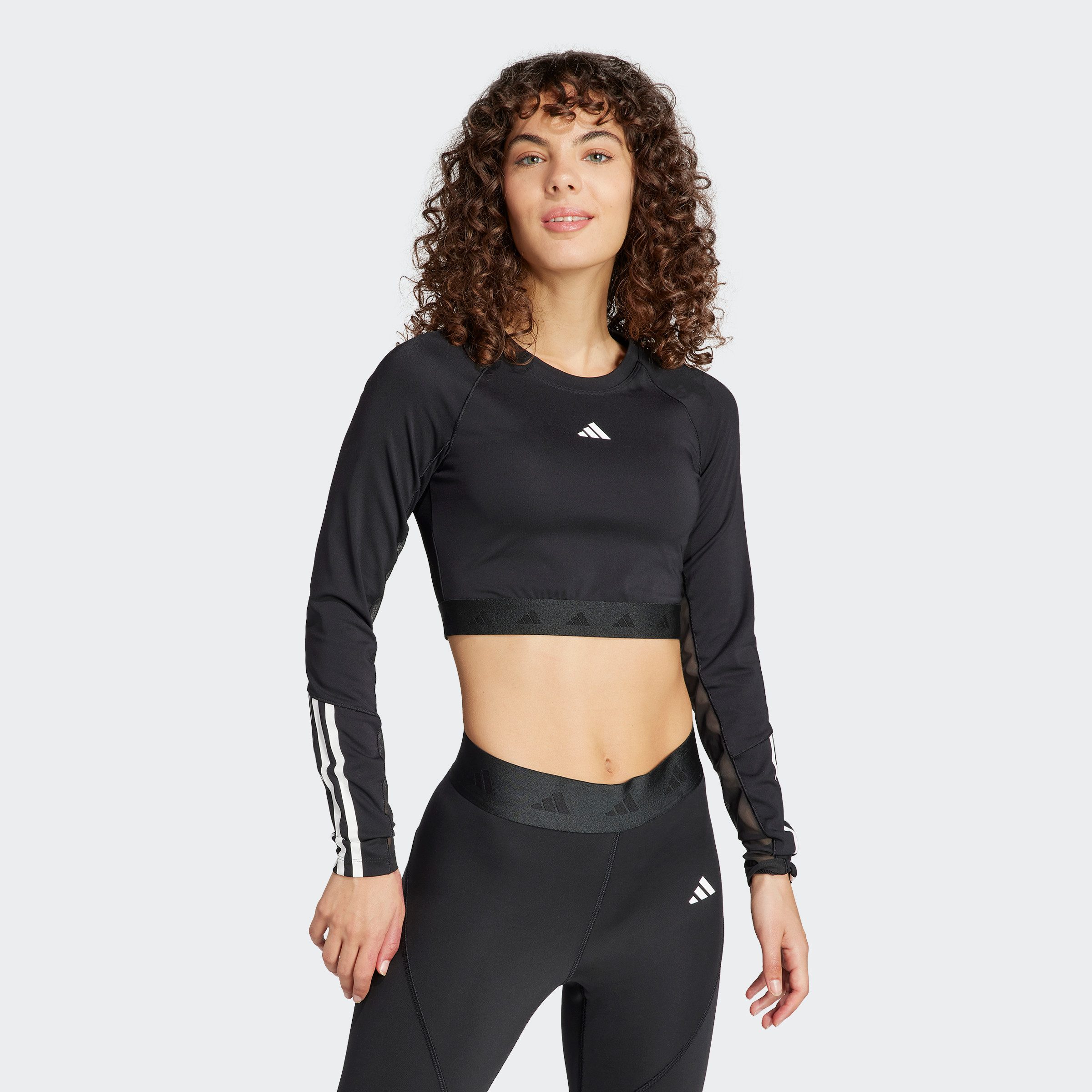 Adidas Hyperglam Long Sleeve Crop Top Black White- Dames Black White