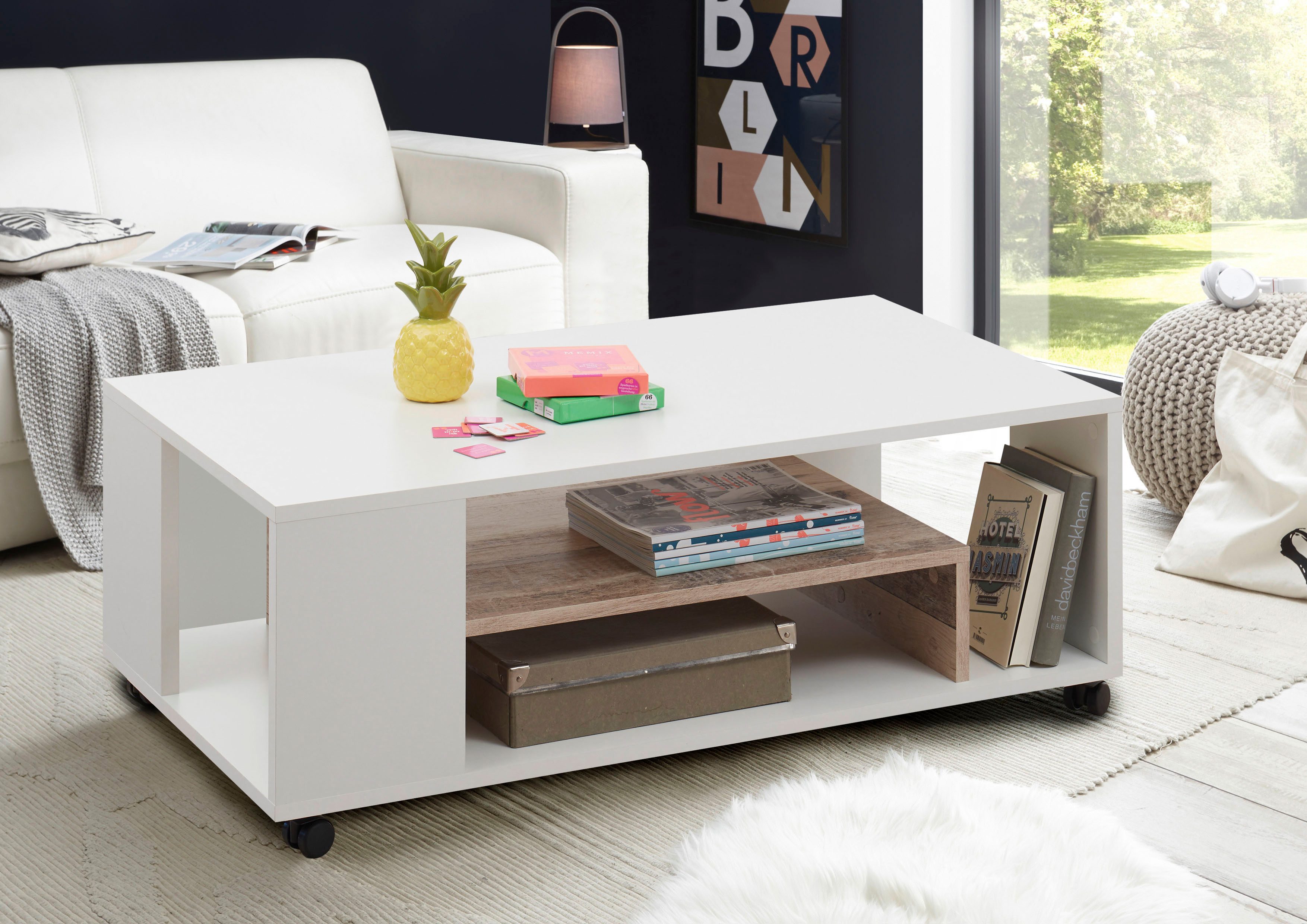 Stolkom Salontafel Bologna rollend, salontafel in wit met plank