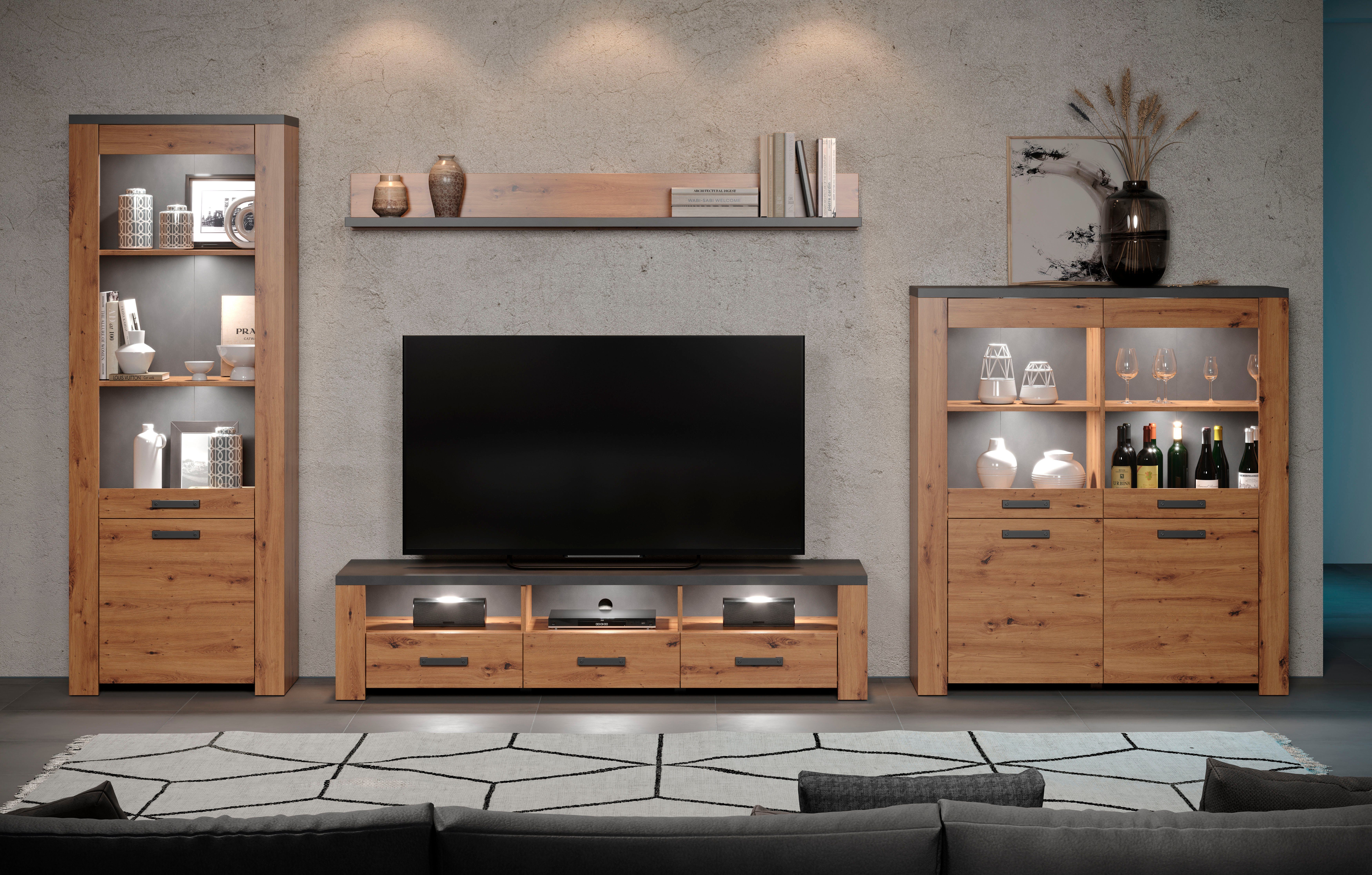 Home affaire Tv-wandmeubel Ambres Moderne tv-set, echt-hout-look, breedte ca. 409 cm, mat (4-delig)