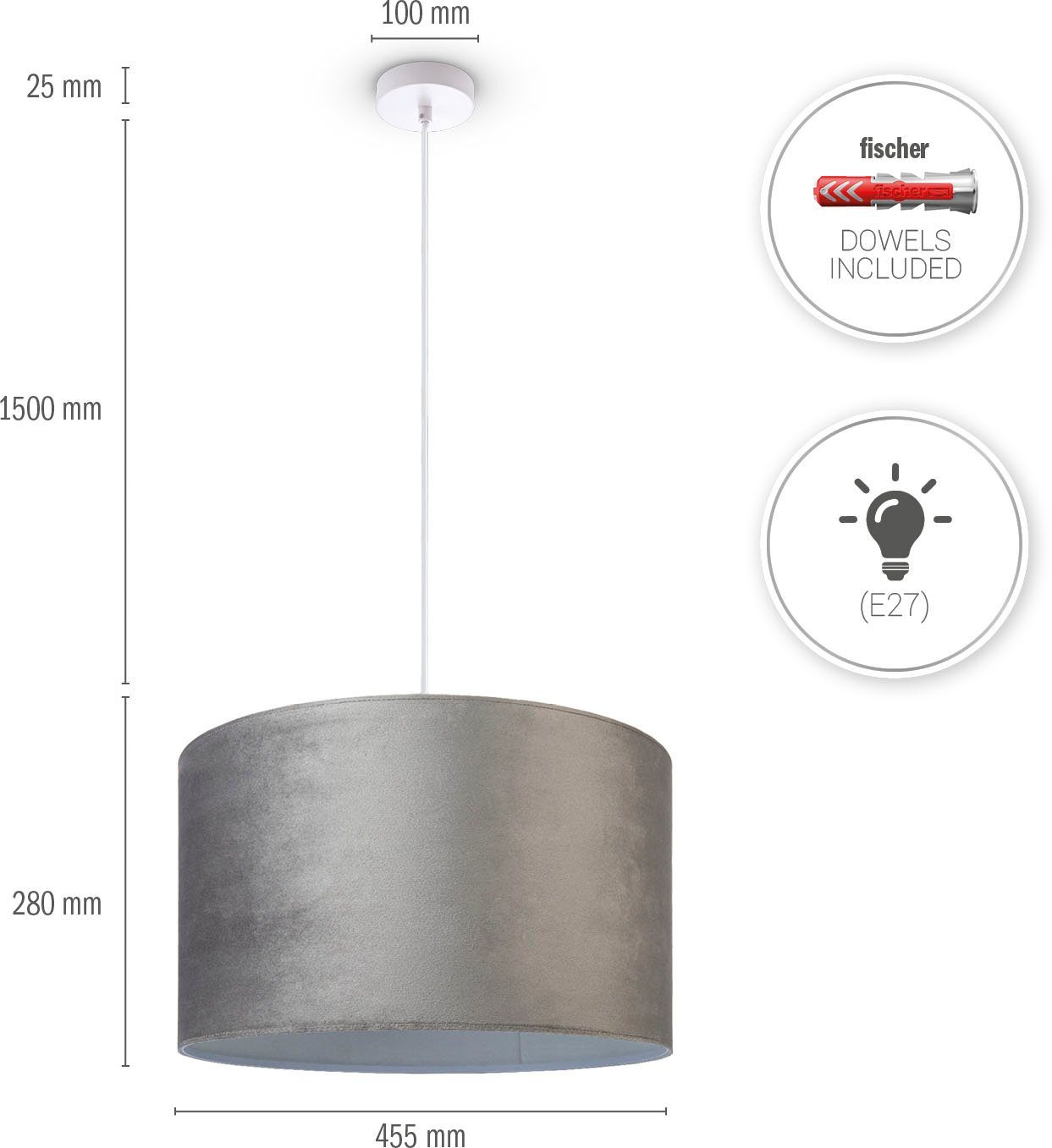 Paco Home Hanglamp Hugo uni Color Woonkamer lampenkap van velours uni-kleuren decoratie E27 kabel 1,5m