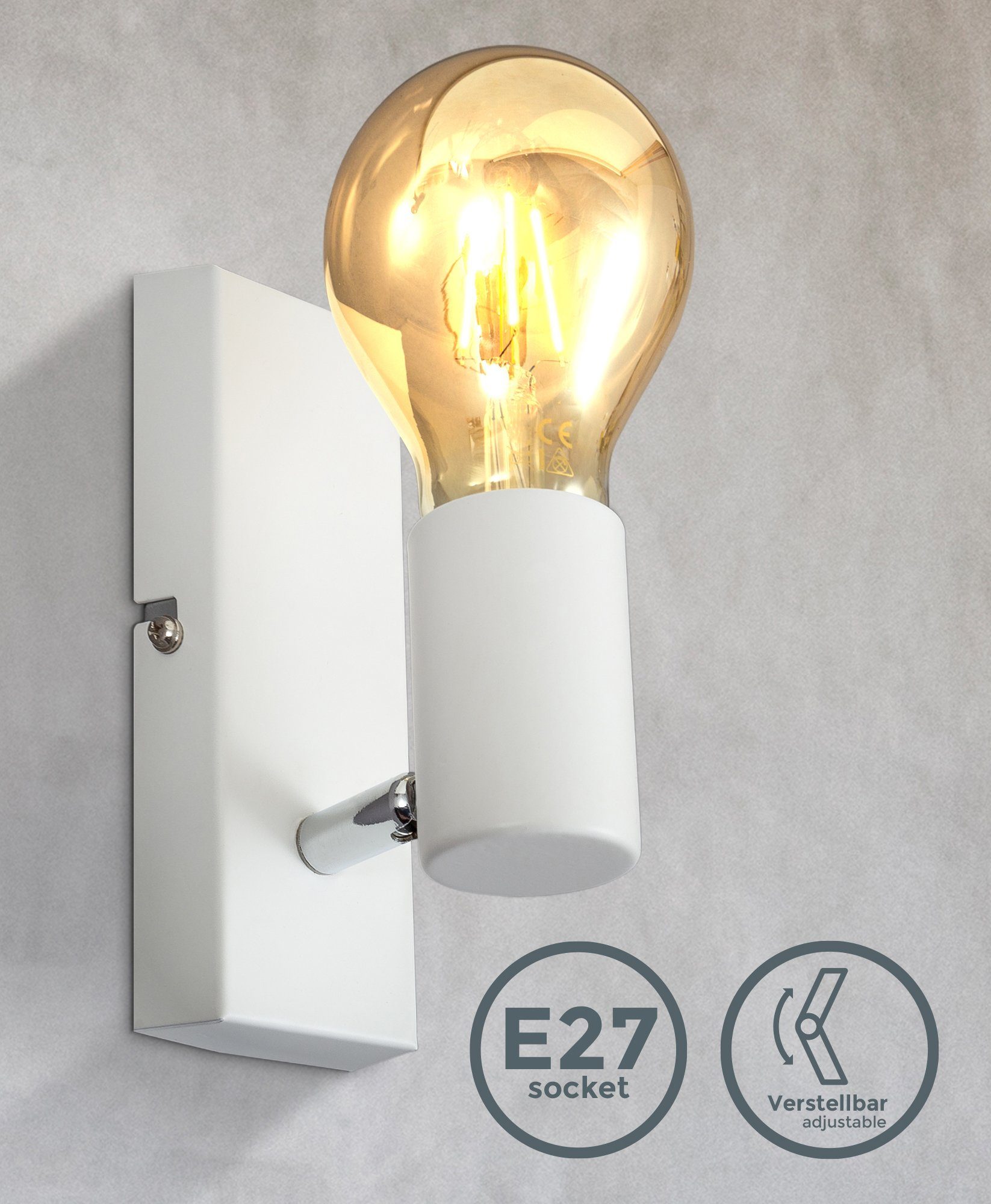 B.K.Licht Wandlamp BK_DS1359 Wandlamp binnen, retro, E27-fitting, wit Wandspot, vintage, ganglamp, zonder lichtbron (max. 60W) (1 stuk)