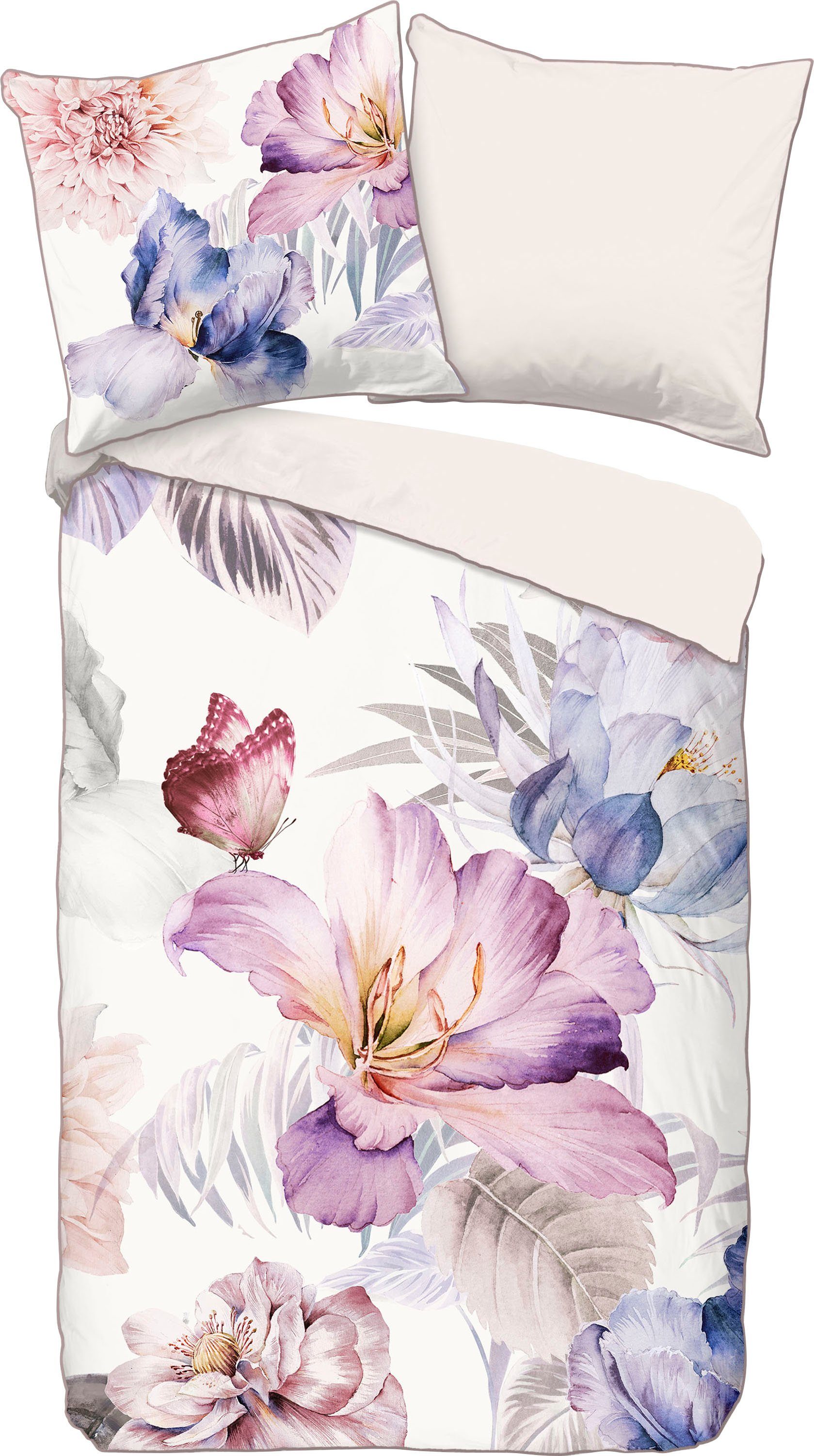 Descanso Tweezijdig te gebruiken overtrekset CAEN Katoen, Satijn, 135x200, Bies, Rits, Omkeerbaar, Bloemen, Natuur