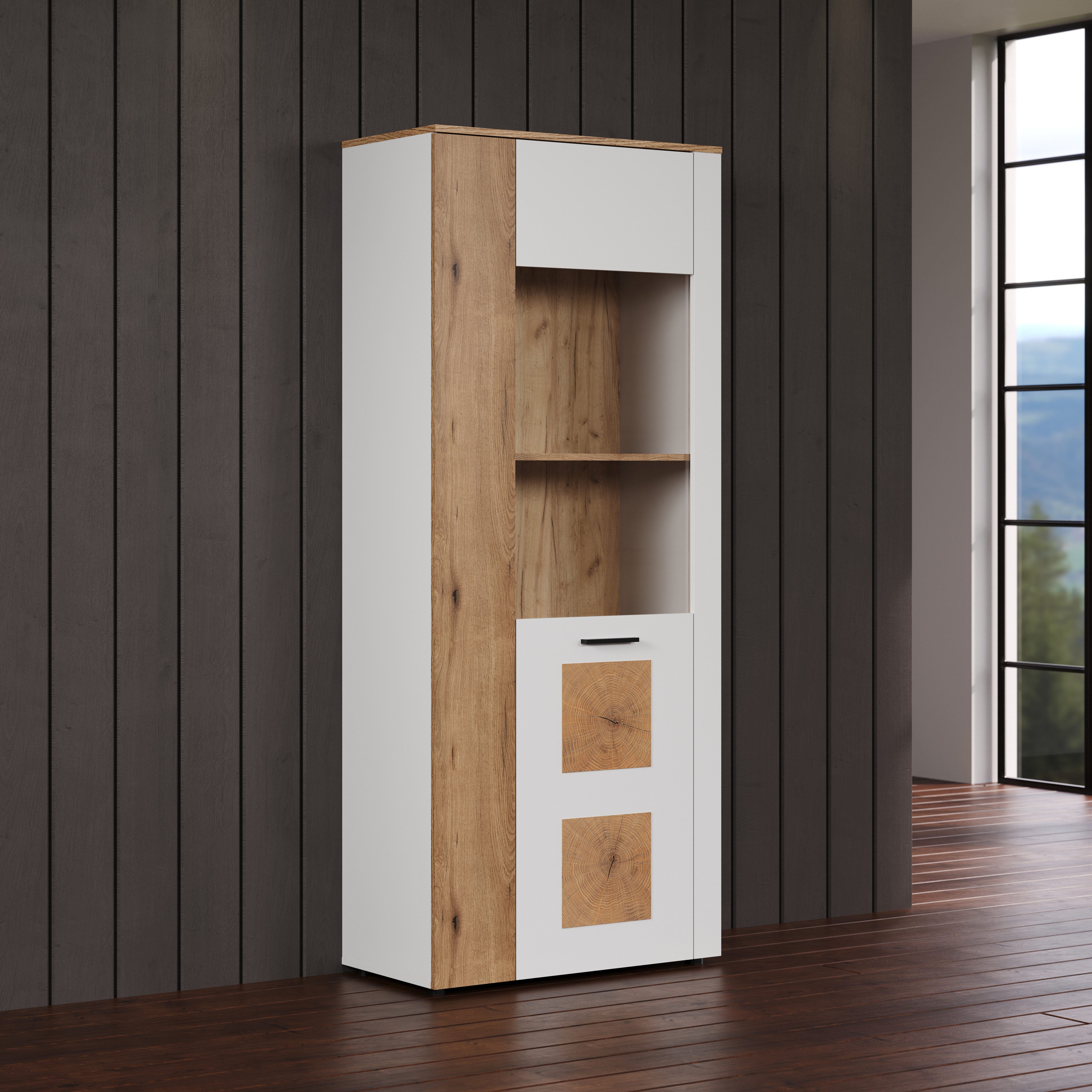INOSIGN Staande vitrinekast Linz Woonkamer vitrine in wit/eik met eindhout applicaties (1 stuk)