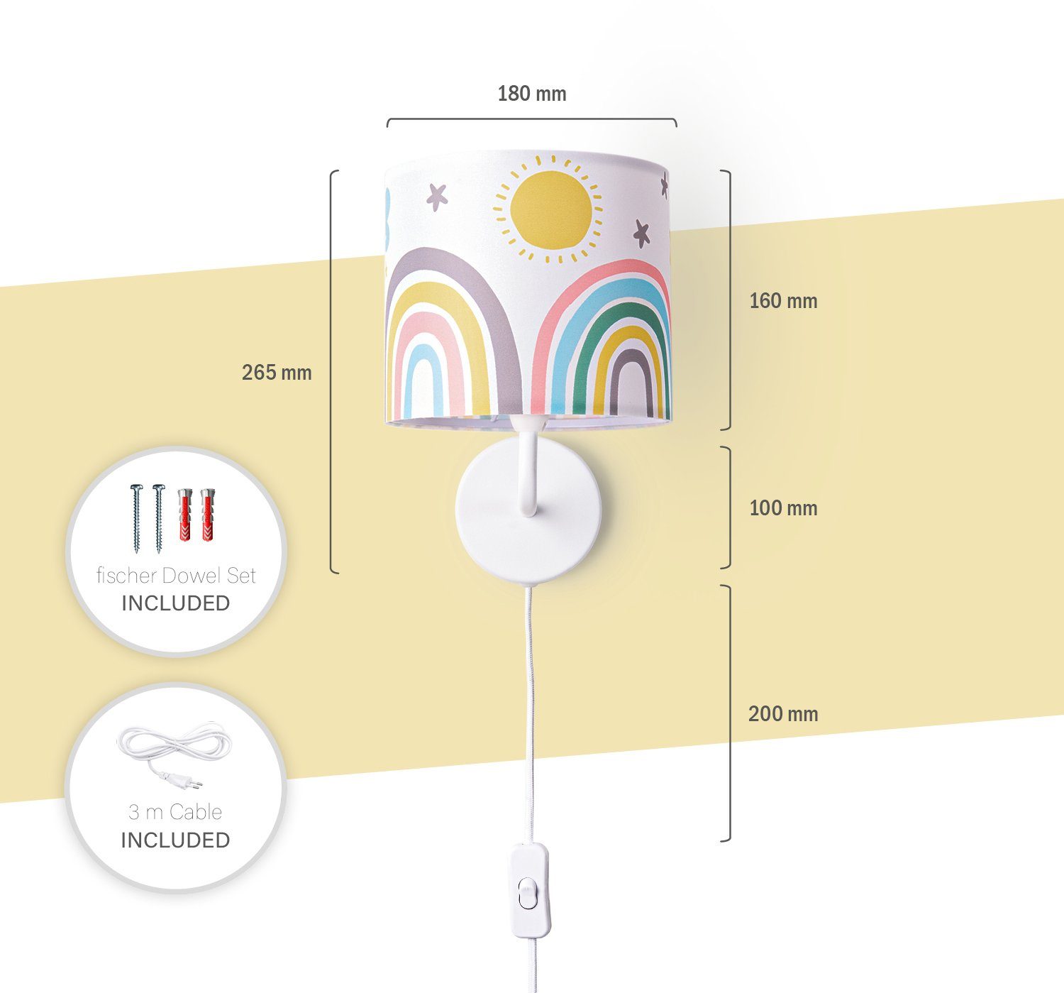 Paco Home Wandlamp Tweet 462 Kinderkamer stekker âˆ…18cm zon wolken sterren kabel 3m E14