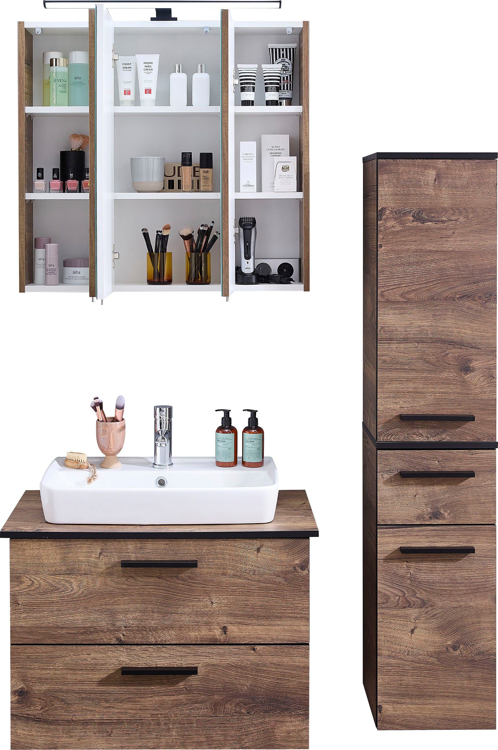 Saphir Badkamerserie Quickset 374 3-delig, keramisch wastafelblad en LED spiegelkast Halfhoge kast, inclusief deurdemper, 5 deuren, 3 laden, badkameraccessoire-set (6-delig)
