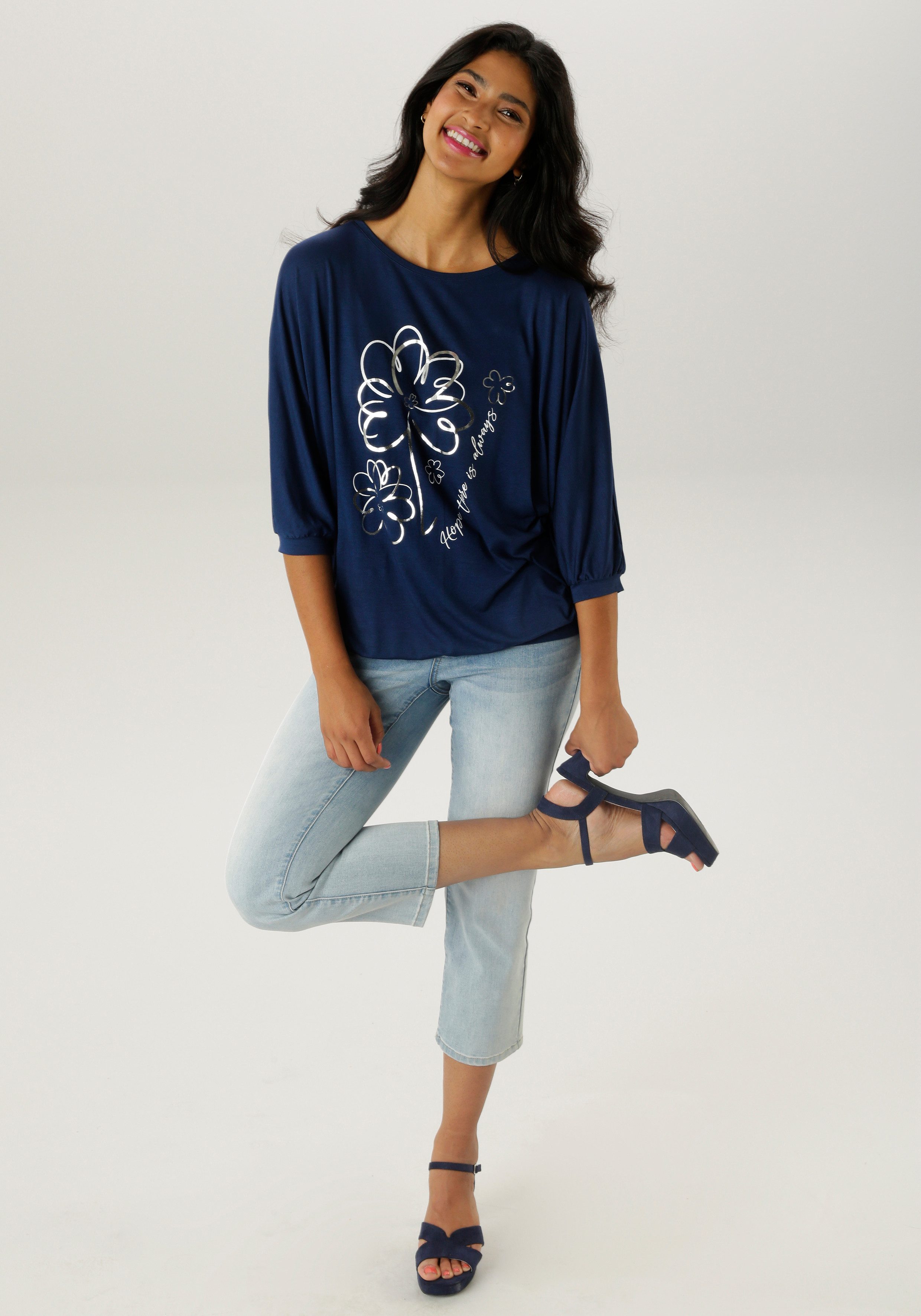 Aniston SELECTED Shirt met vleermuismouwen deels met zilverkleurige folieprint nieuwe collectie