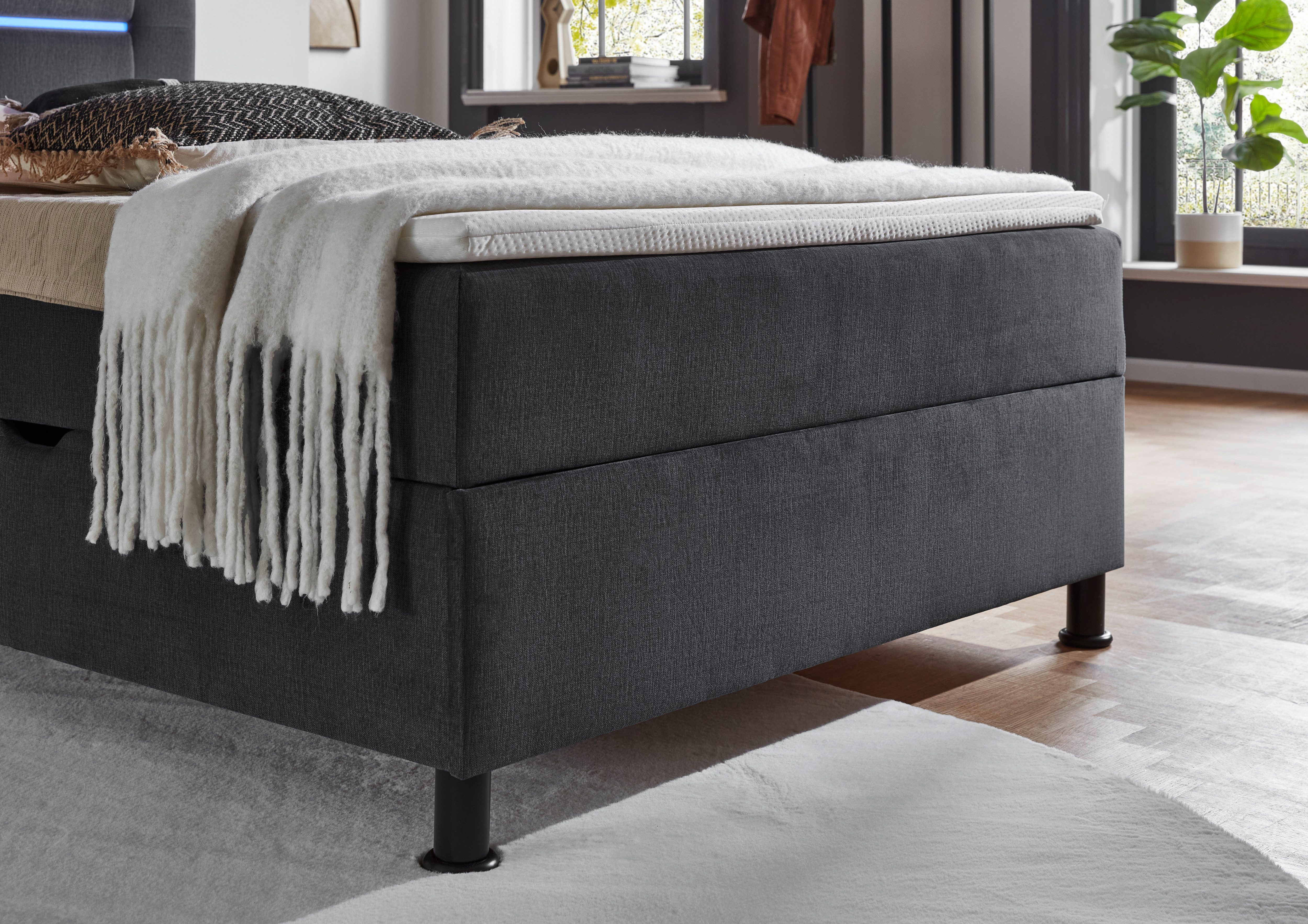 INOSIGN Boxspring Escalon LED met opbergruimte, inclusief topper, LED-lichtstrip in het hoofdeinde