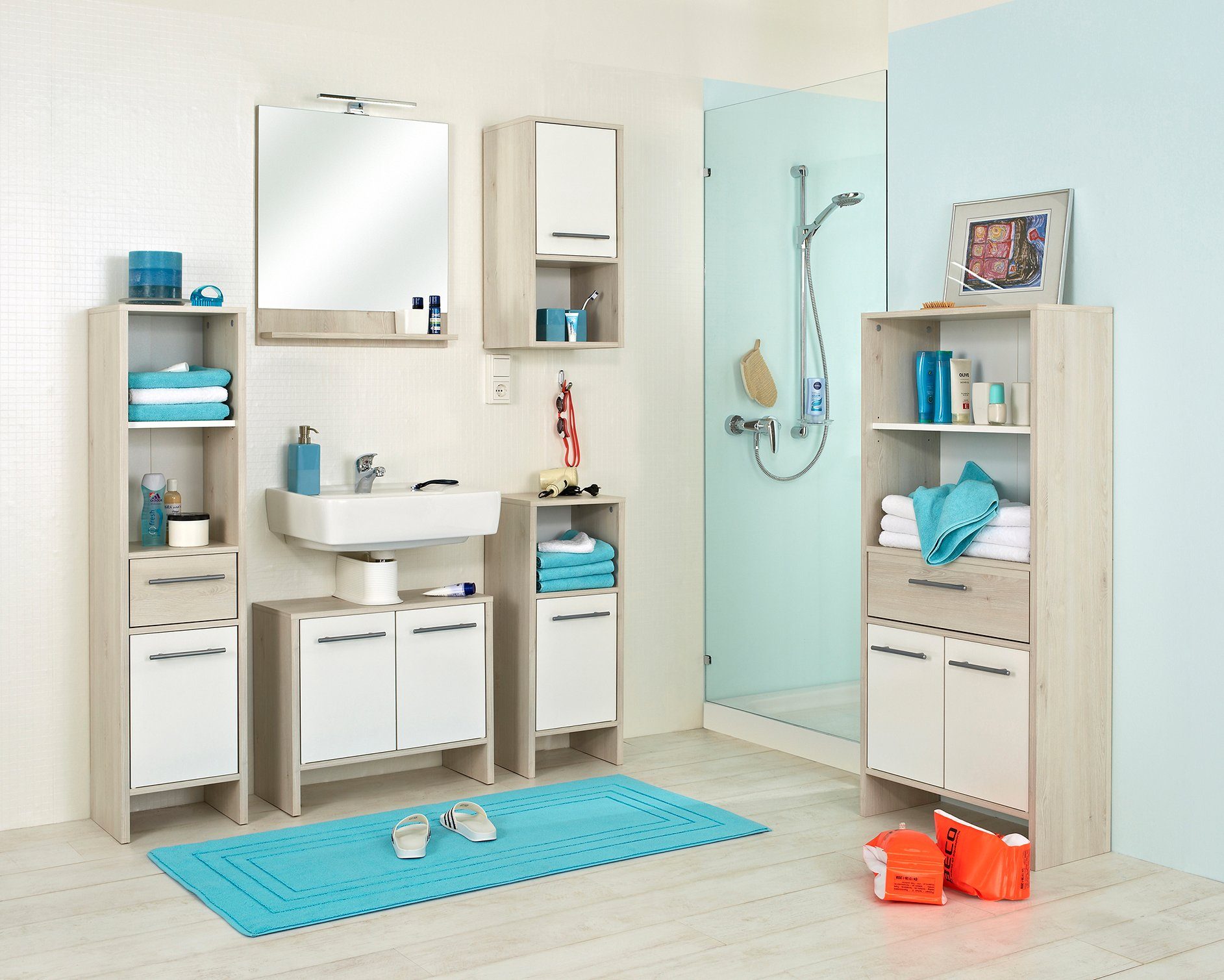 Saphir Halfhoge kast Quickset 350 Badkamermeubel 33 cm breed, 1 deur, 1 lade, 2 planken Badkamer midikast, licht dennenhout Ida, handgrepen in aluminiumkleur (1 stuk)