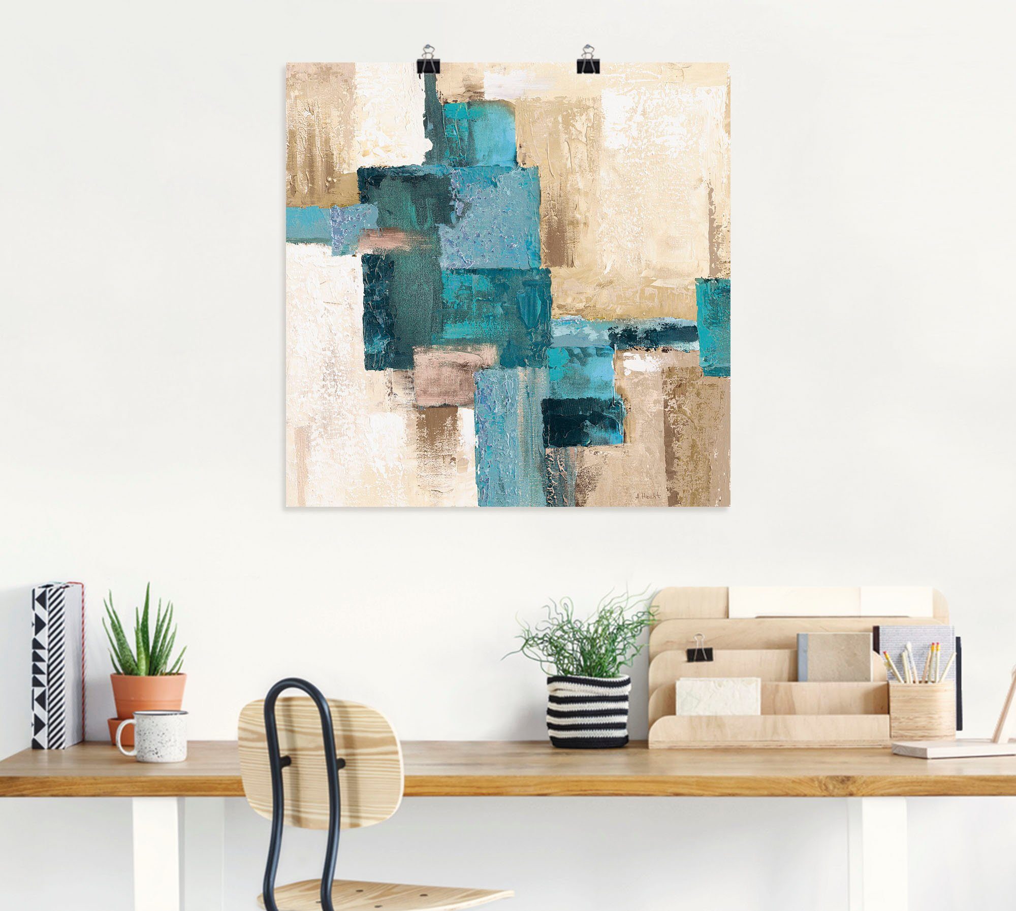 Artland Artprint Abstracte ruiten beige-turquoise als artprint van aluminium, artprint voor buiten, artprint op linnen, poster in verschillende maten. maten