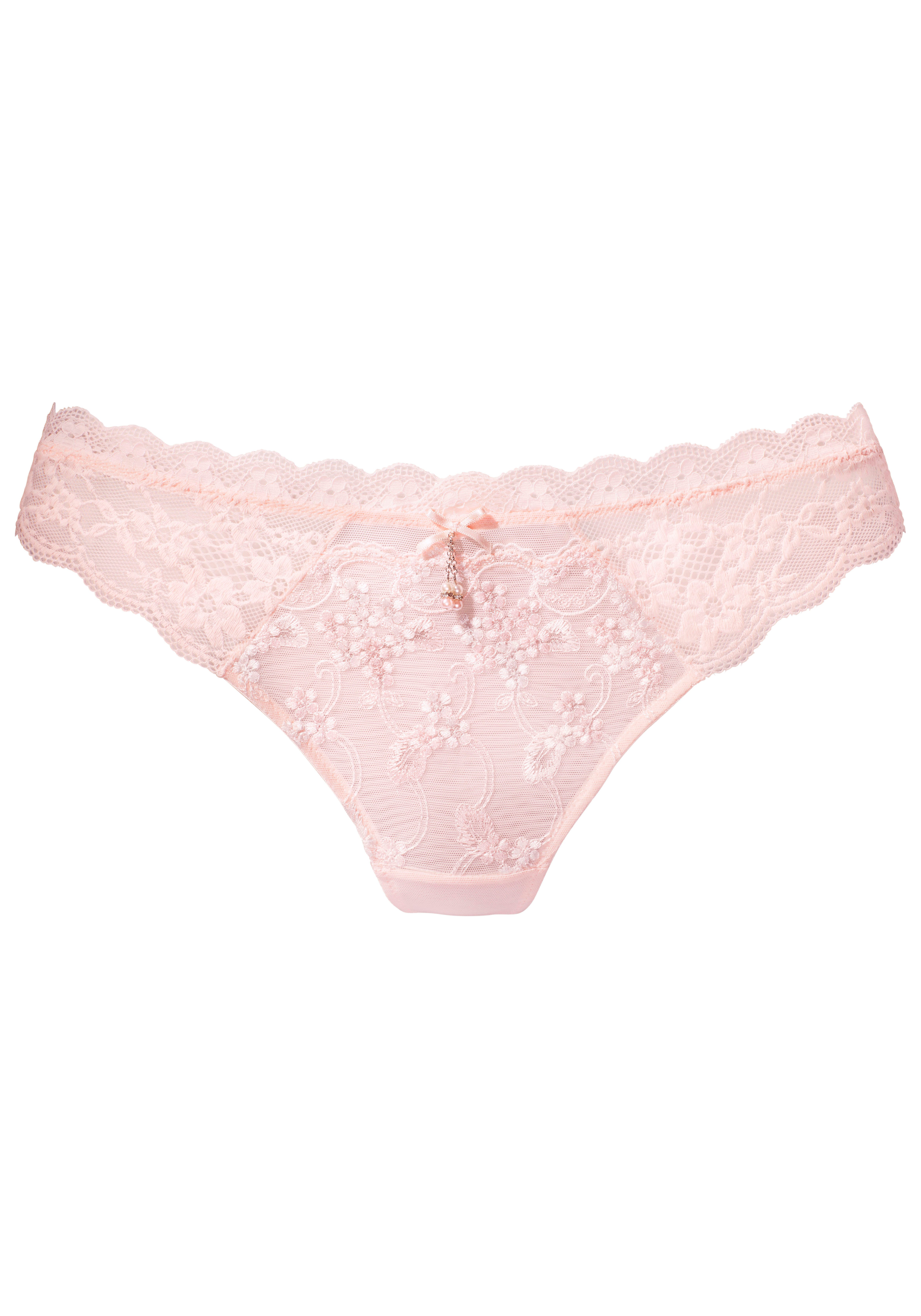 Lascana String van edele geborduurde kant en zij jacquard kantinzetten